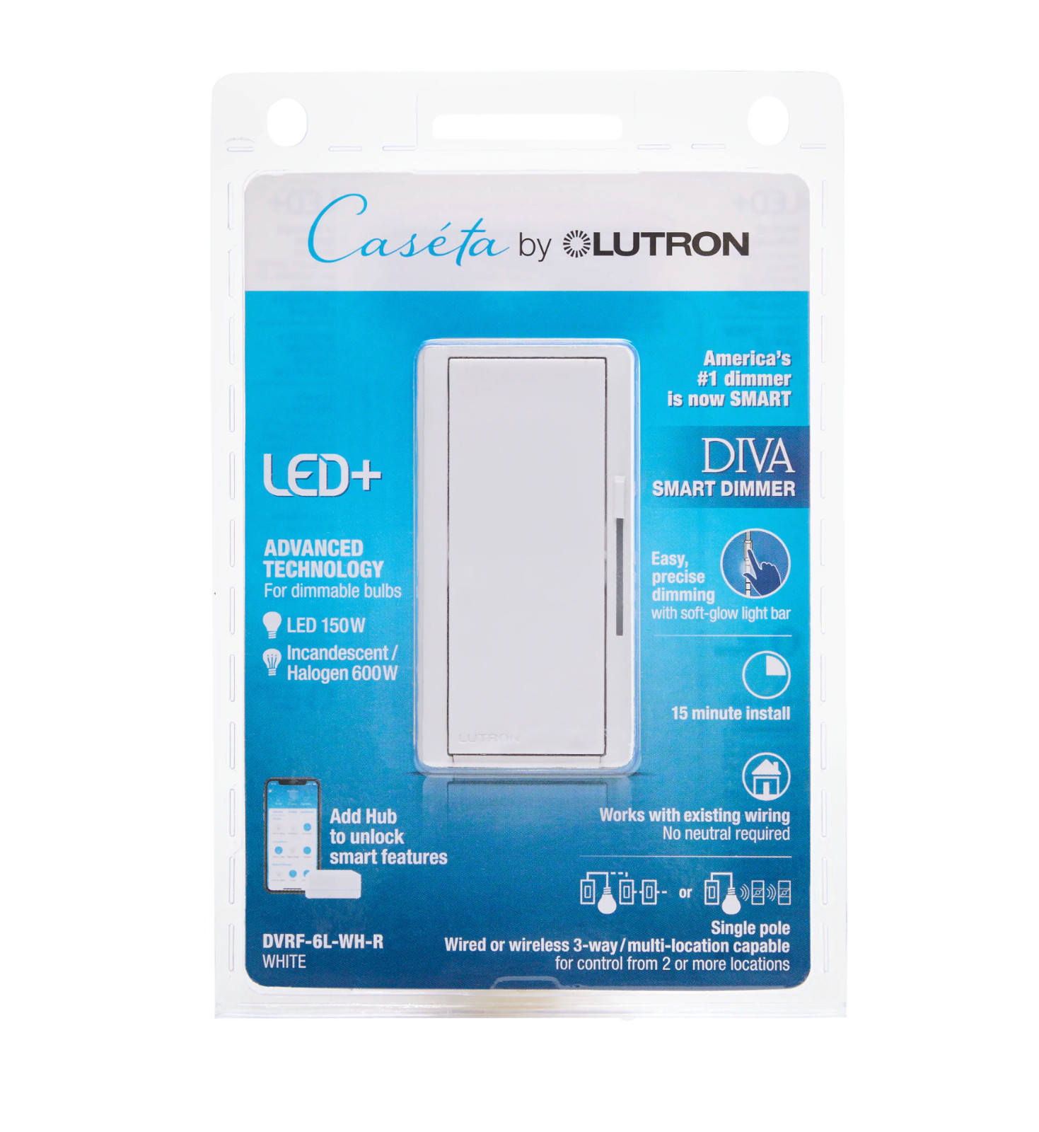 Lutron Diva Smart Dimmer Switch – White (DVRF-6L-WH-R) NEW