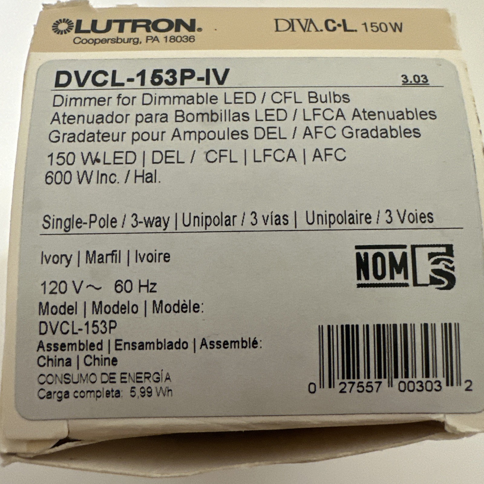 Lutron DVCL-153P-IV Diva Dimmable CFL/LED Dimmer Ivory 120V ~ 60Hz NIB
