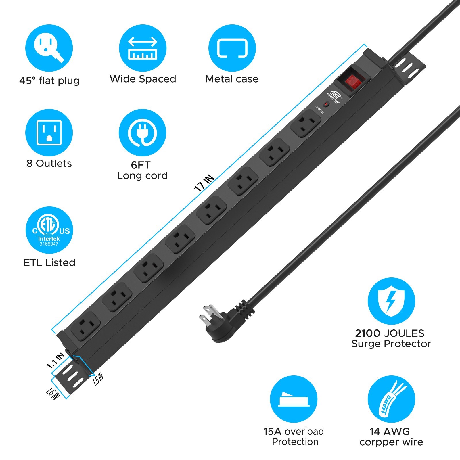 8-Outlet HeavyDuty Industrial Power strip with 2100J Surge Protector(ETL Listed)