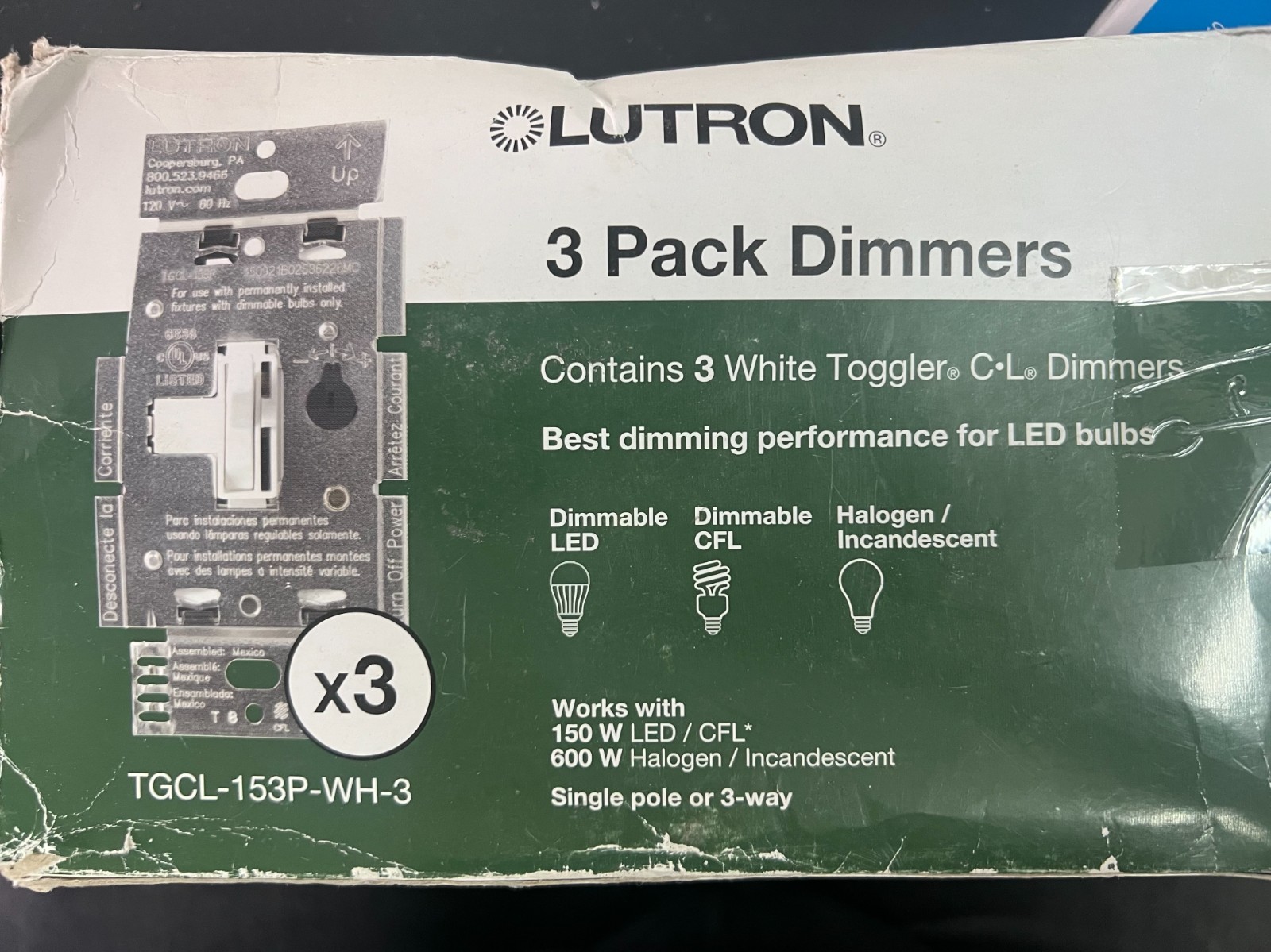 Lutron Toggler LED+ Dimmer Switch 3-Pack – White (TGCL-153P-WH-3) 1168/OB