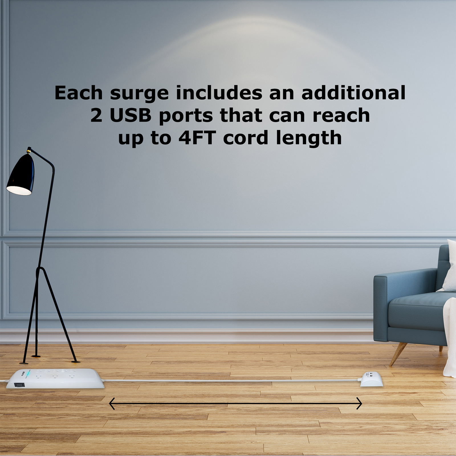 8 Outlet 25FT Surge Protector Power Strip with Separated 2 USB Ports Strip,White