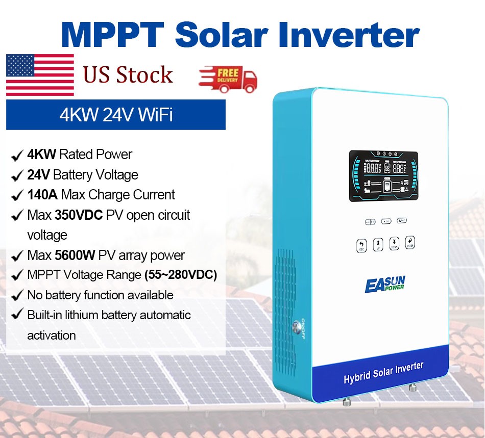 4000W Hybrid 24V Solar Inverter with MPPT 140A Output Pure Sine Wave US-Stock