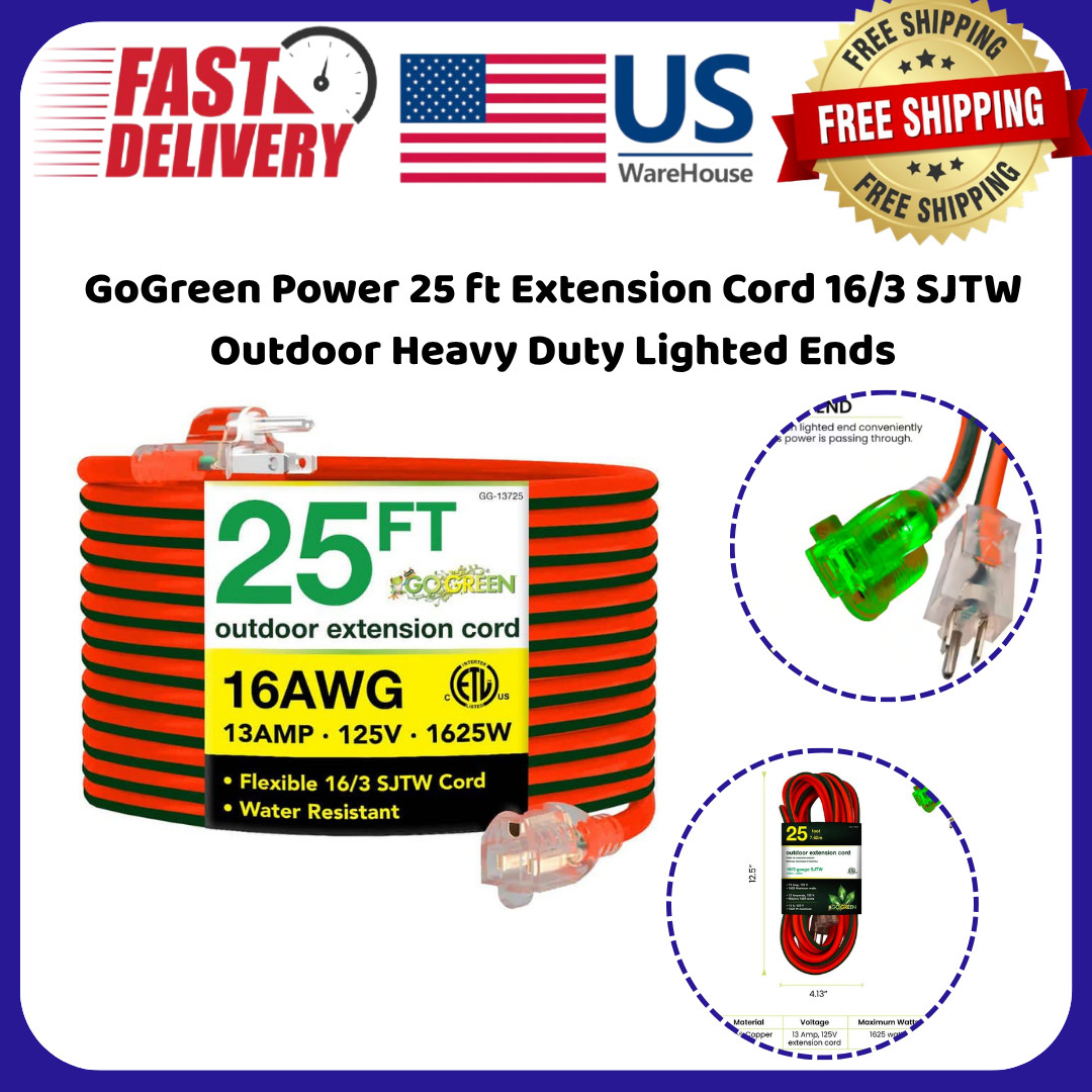 GoGreen Power 25 ft Extension Cord 16/3 SJTW Outdoor Heavy Duty Lighted Ends