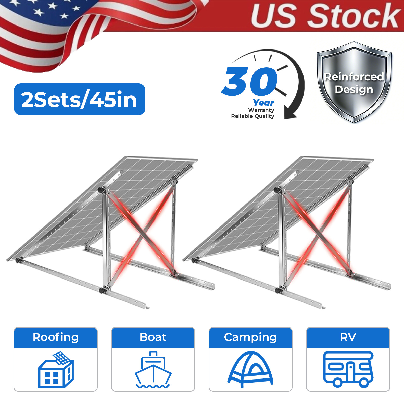 2 Sets Solar Panel Brackets 45in Tilt Mount Roof Flat Surface Adjustable Frame