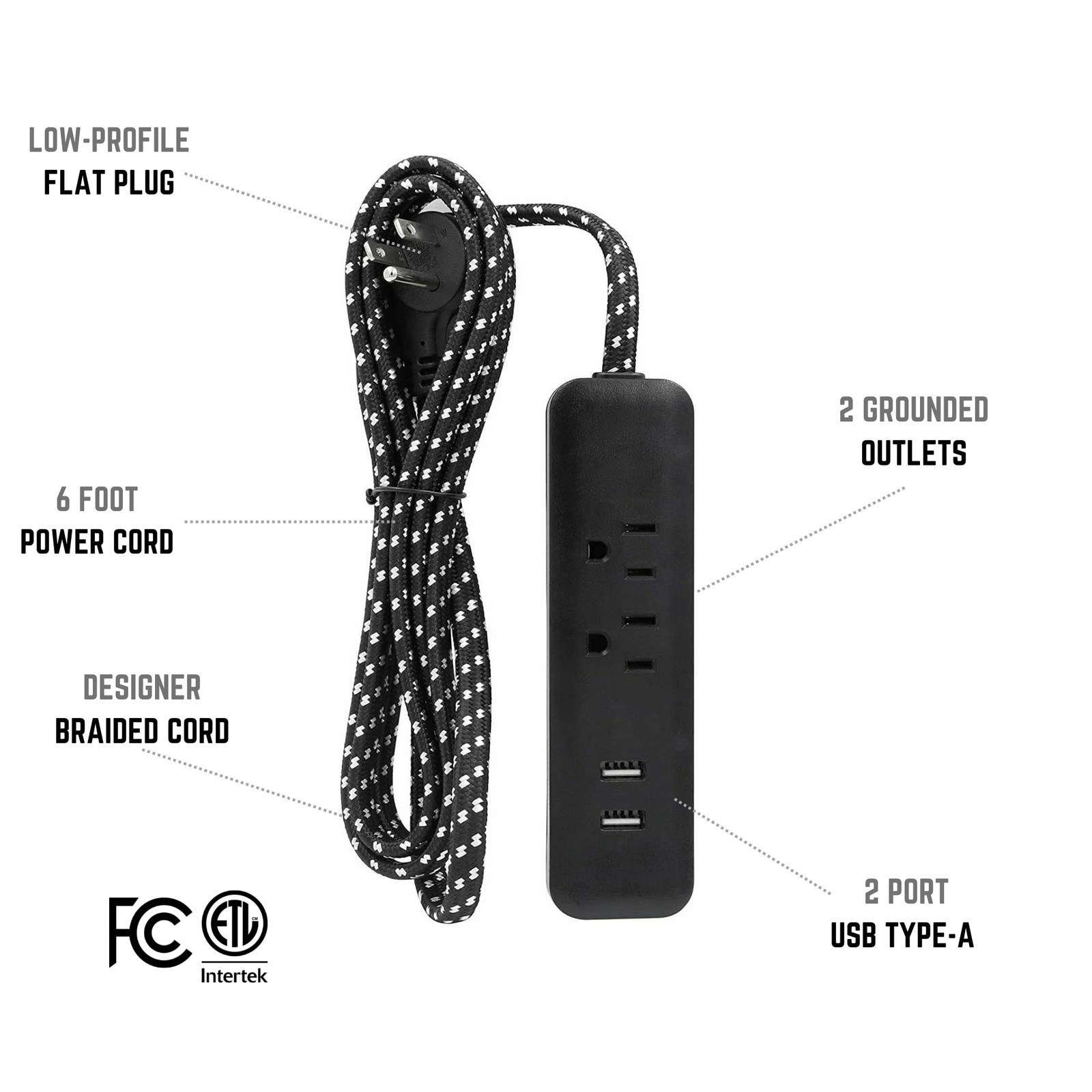 6 Ft 2 Outlet + Usb Charger Designer Fabric Indoor Flat Plug Extension Cord 16/3