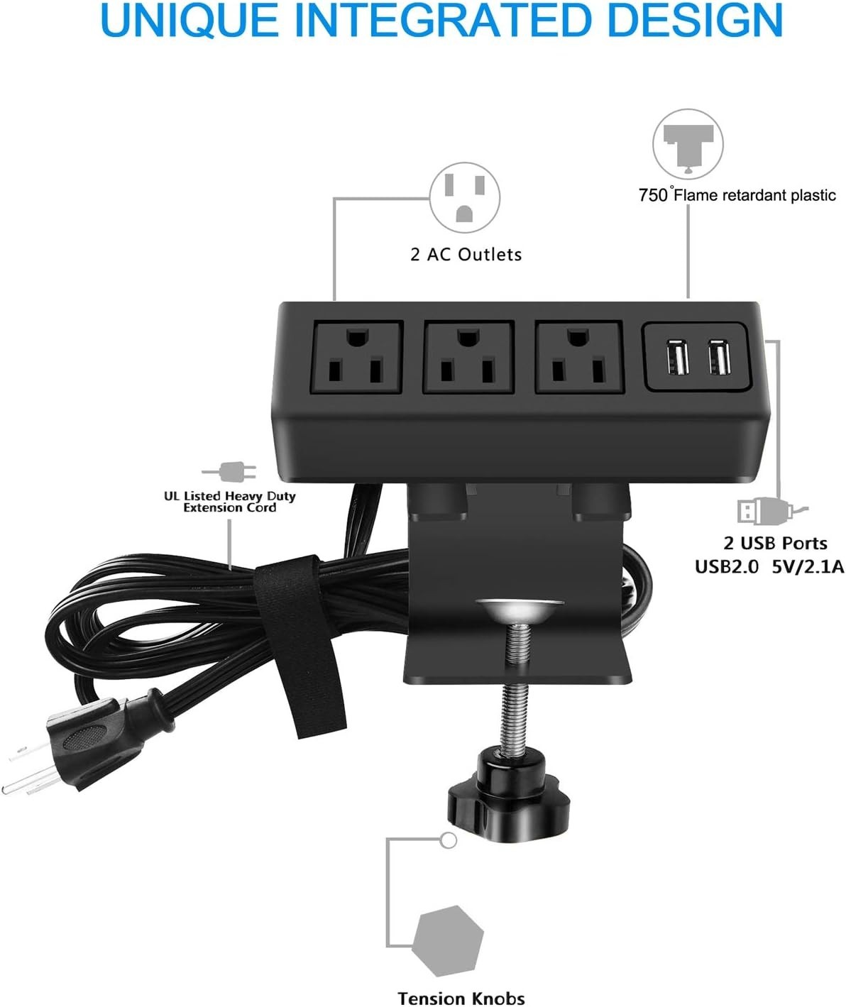 Versatile Desk Power Strip with 3 AC & 2 USB Ports – Clamp Mount for Easy Setup