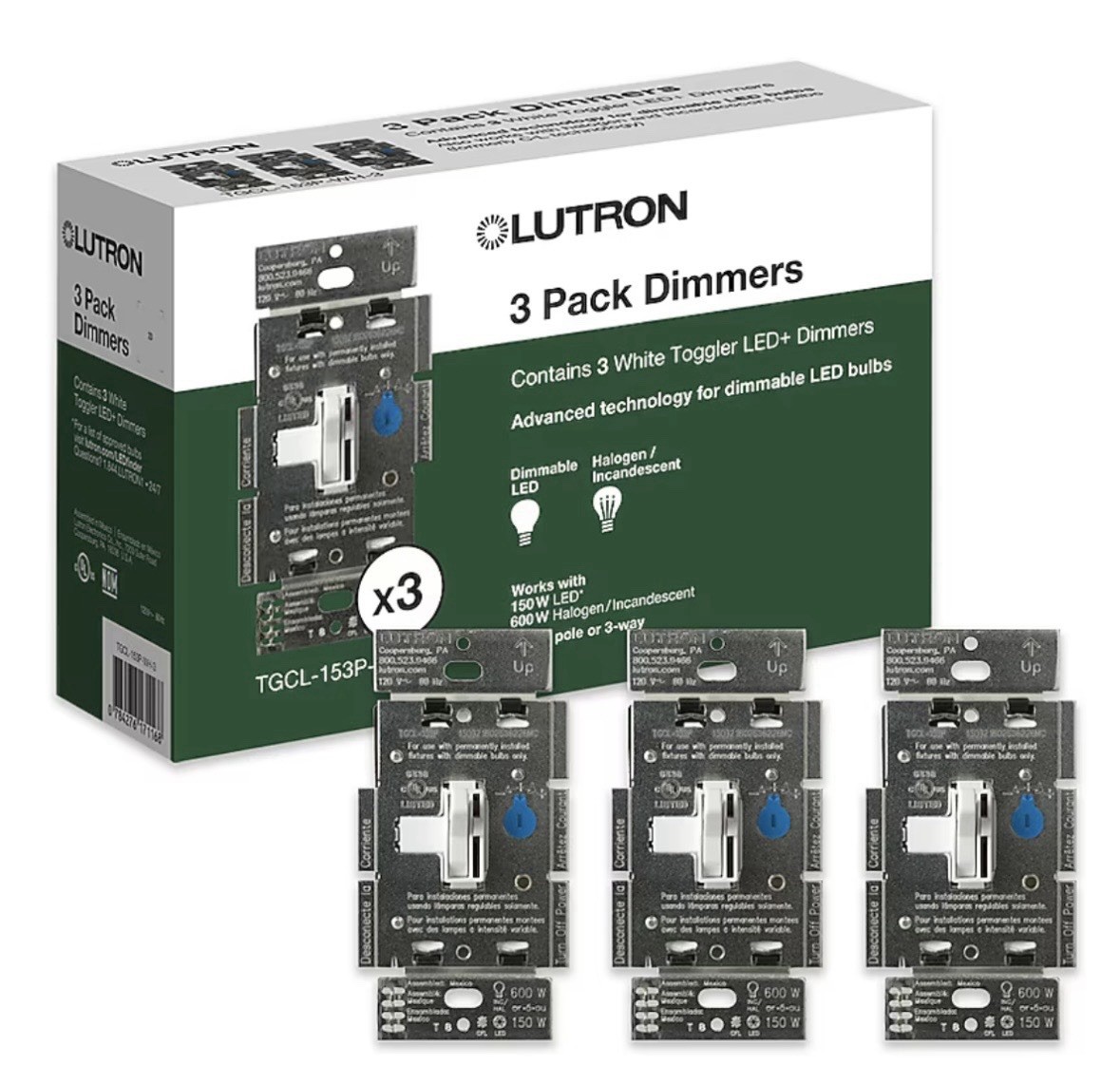 Lutron Toggler LED+ Single-Pole/3-Way Toggle Light Dimmer Switch White 3-Pack