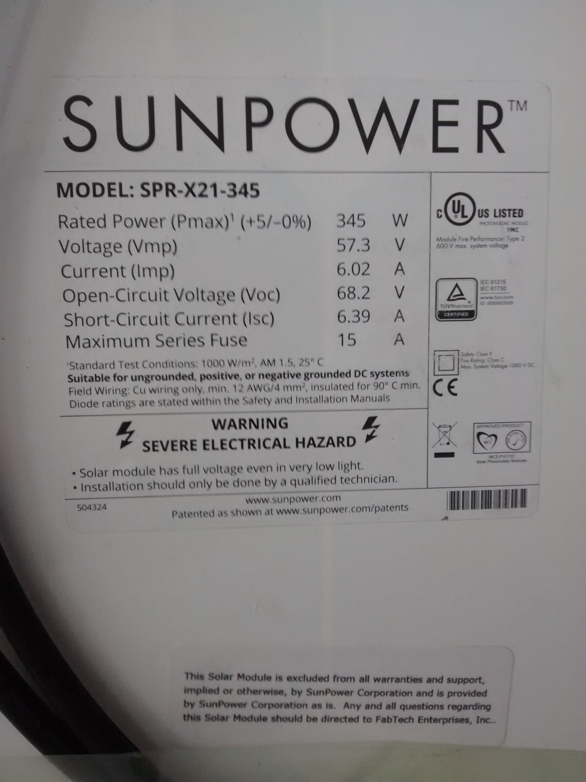 SunPower Solar Panels Modules 240-360 watts Tucson Arizona, 22.7