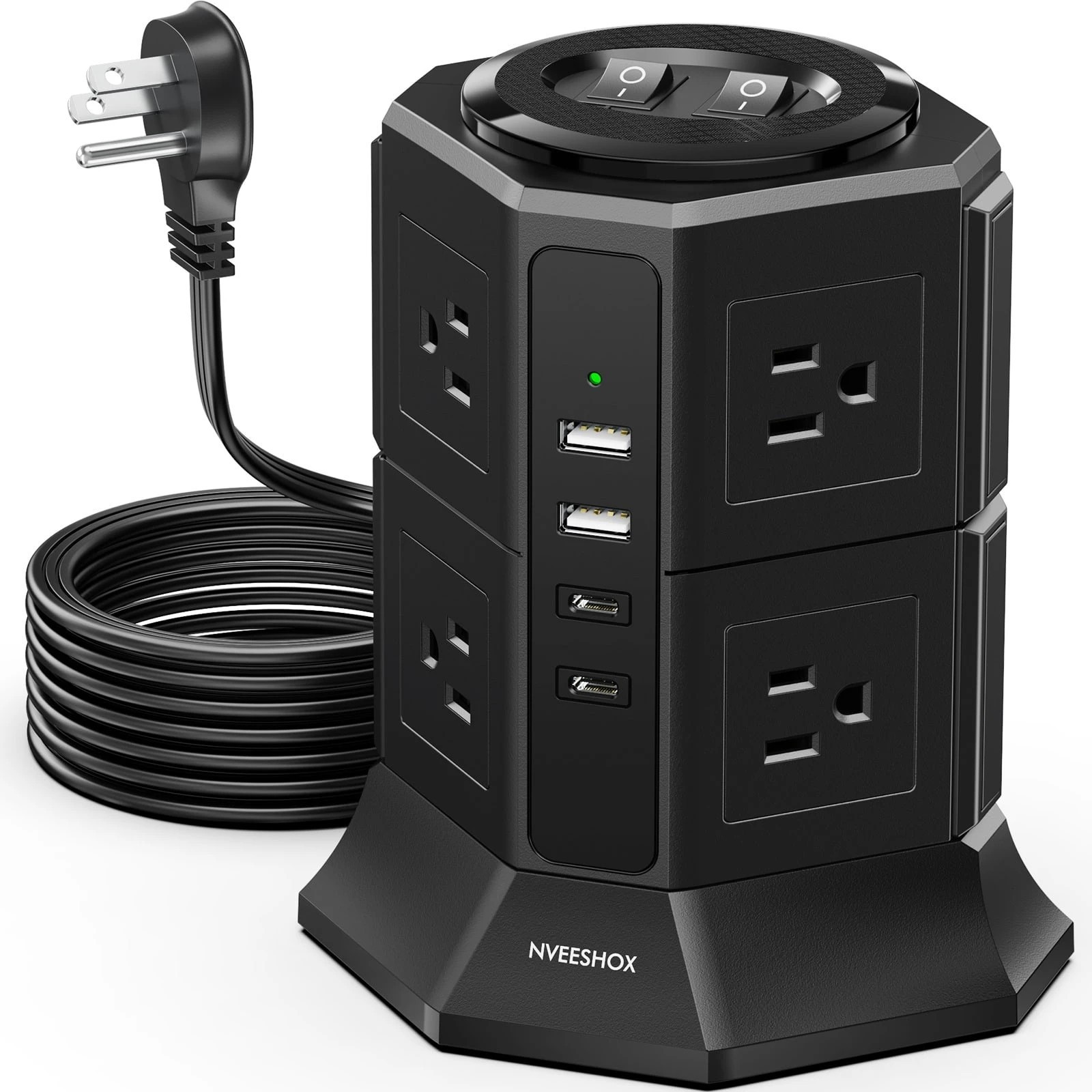 12 in 1 Power Strip Tower Surge Protector 8 Outlets 4 USB C 6.5ft Extension Cord