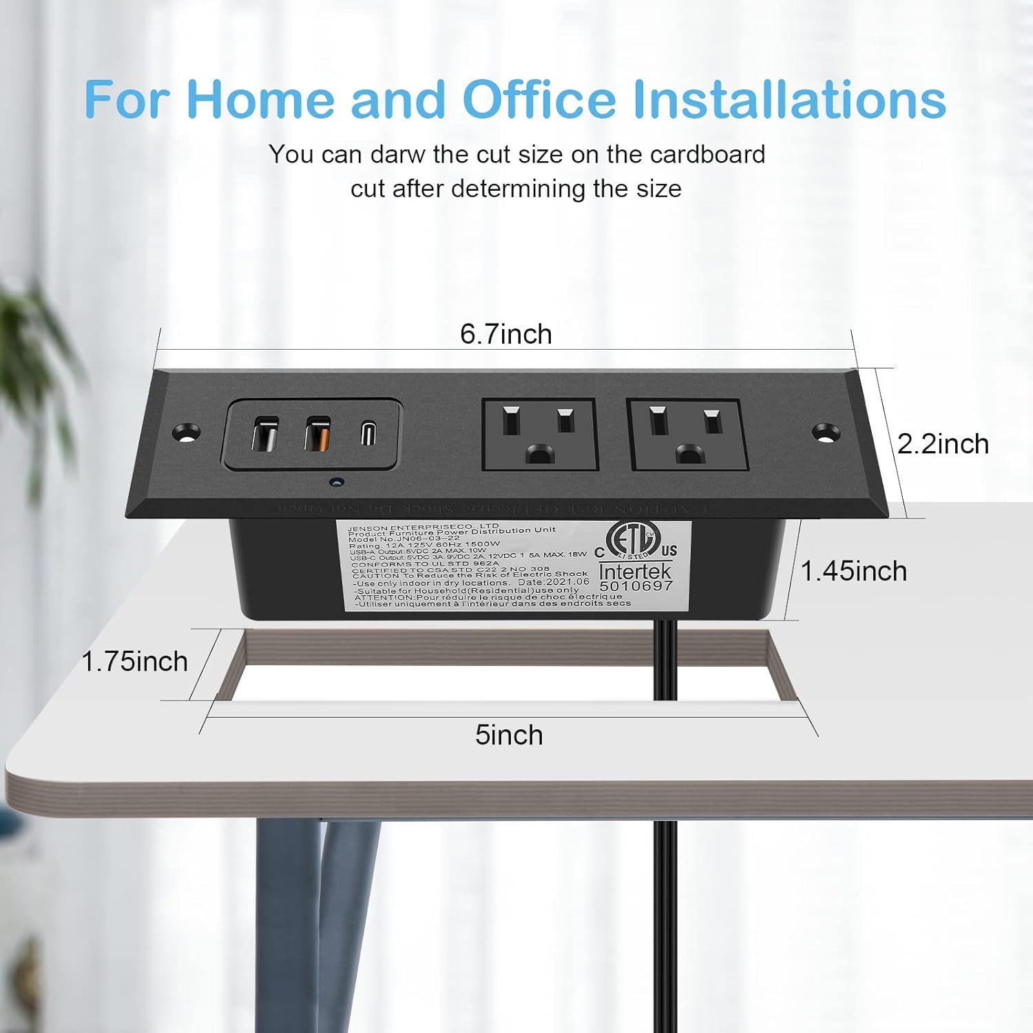 Recessed Power Strip with 20W USB C Port, Fast Charging USB a Port Desk Outlet,