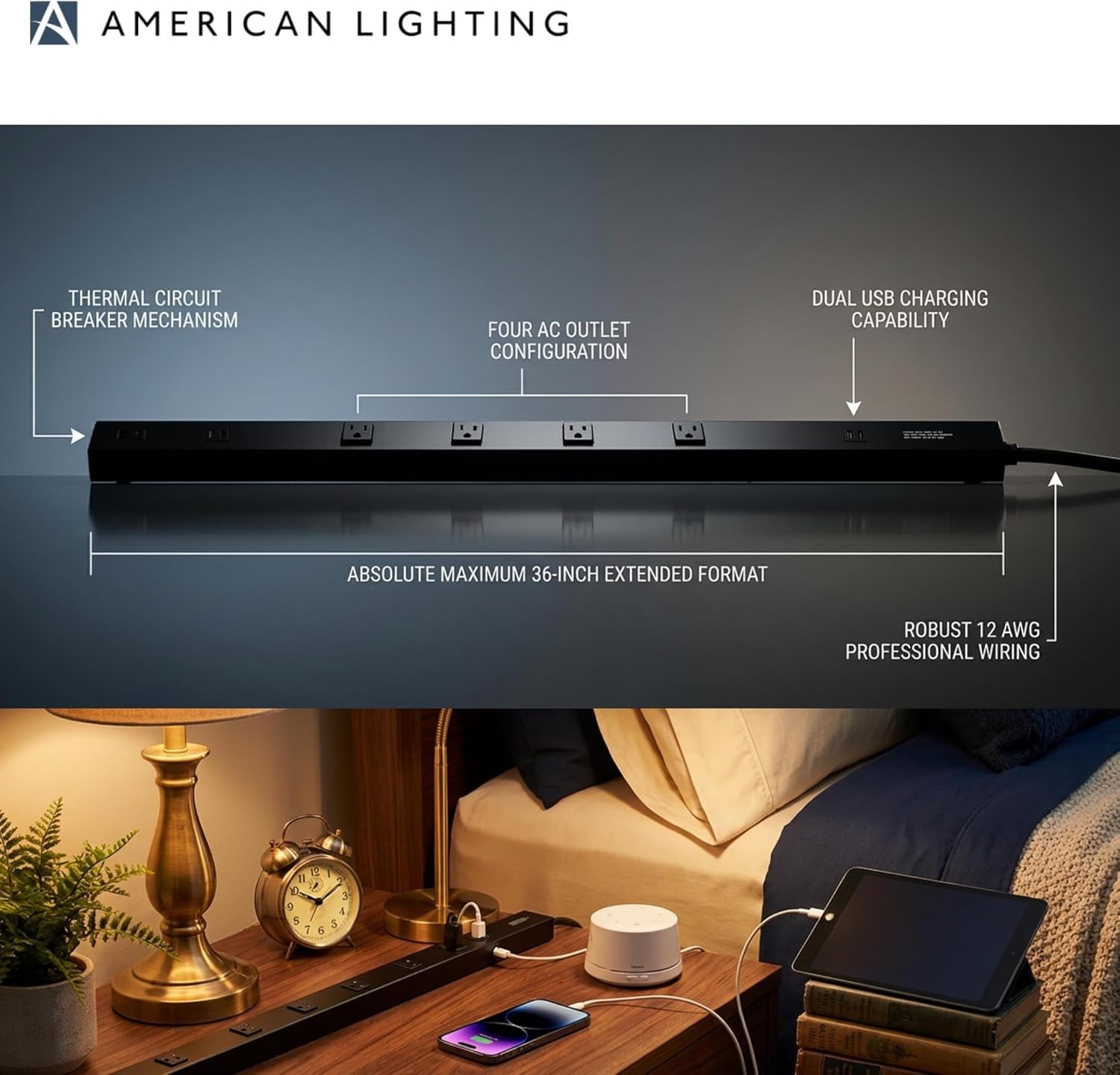 American Lighting ATOM-120V-36-BK 36″ Atom 120V AC Power Strip w/ USB Port