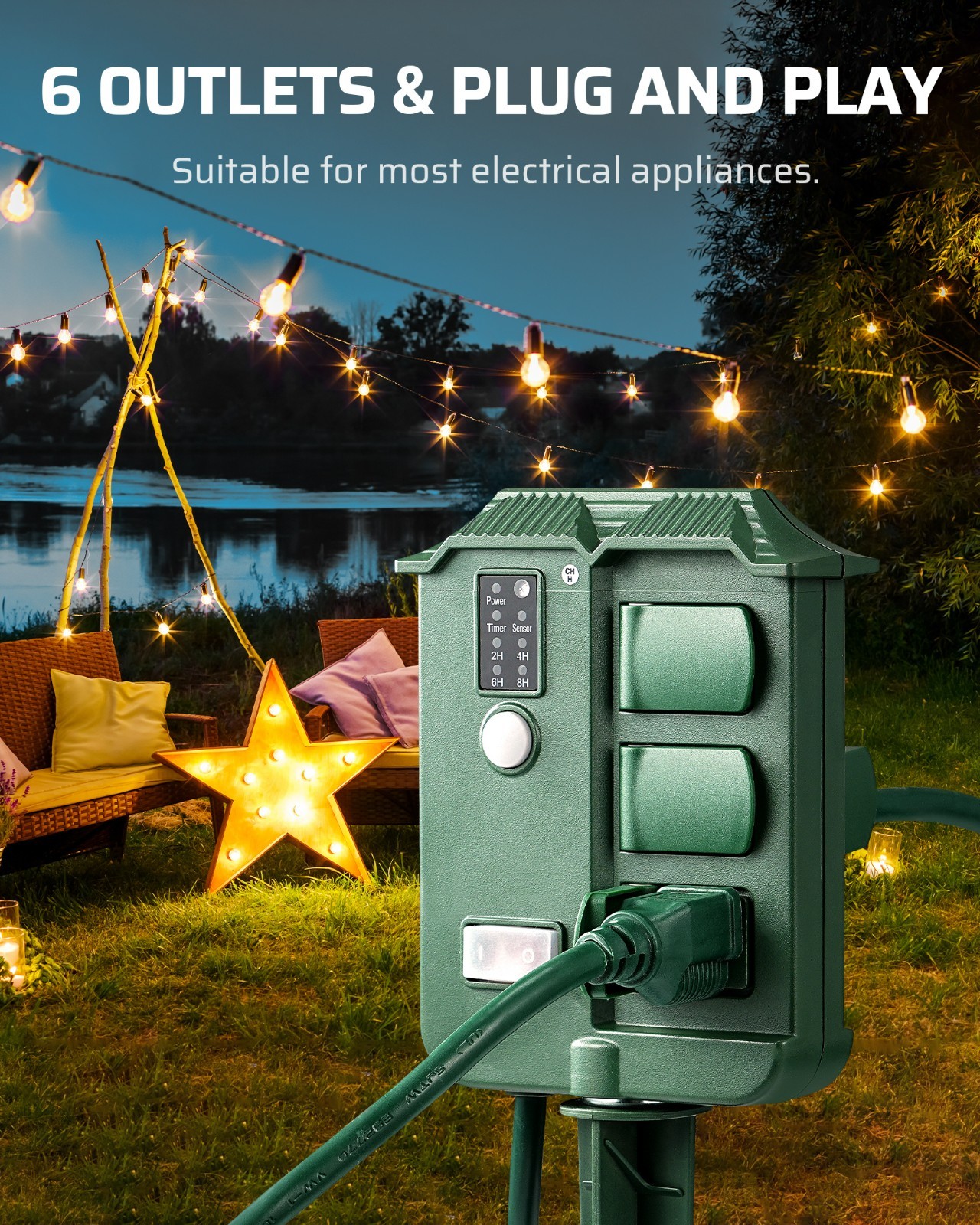 Outdoor Power Stake Timer, 25FT Extension Cord, 100FT Range Remote Control