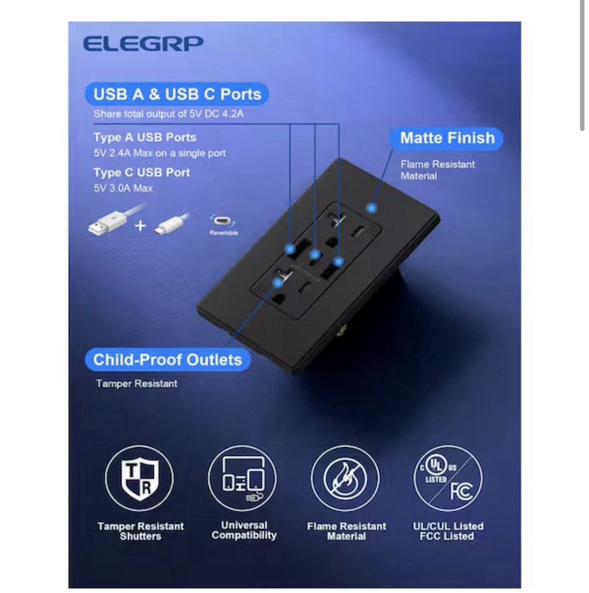 6-Pack ELEGRP 21 Watt (3 USB Chargers) 20-Amp Duplex Tamper Resistant Receptacle