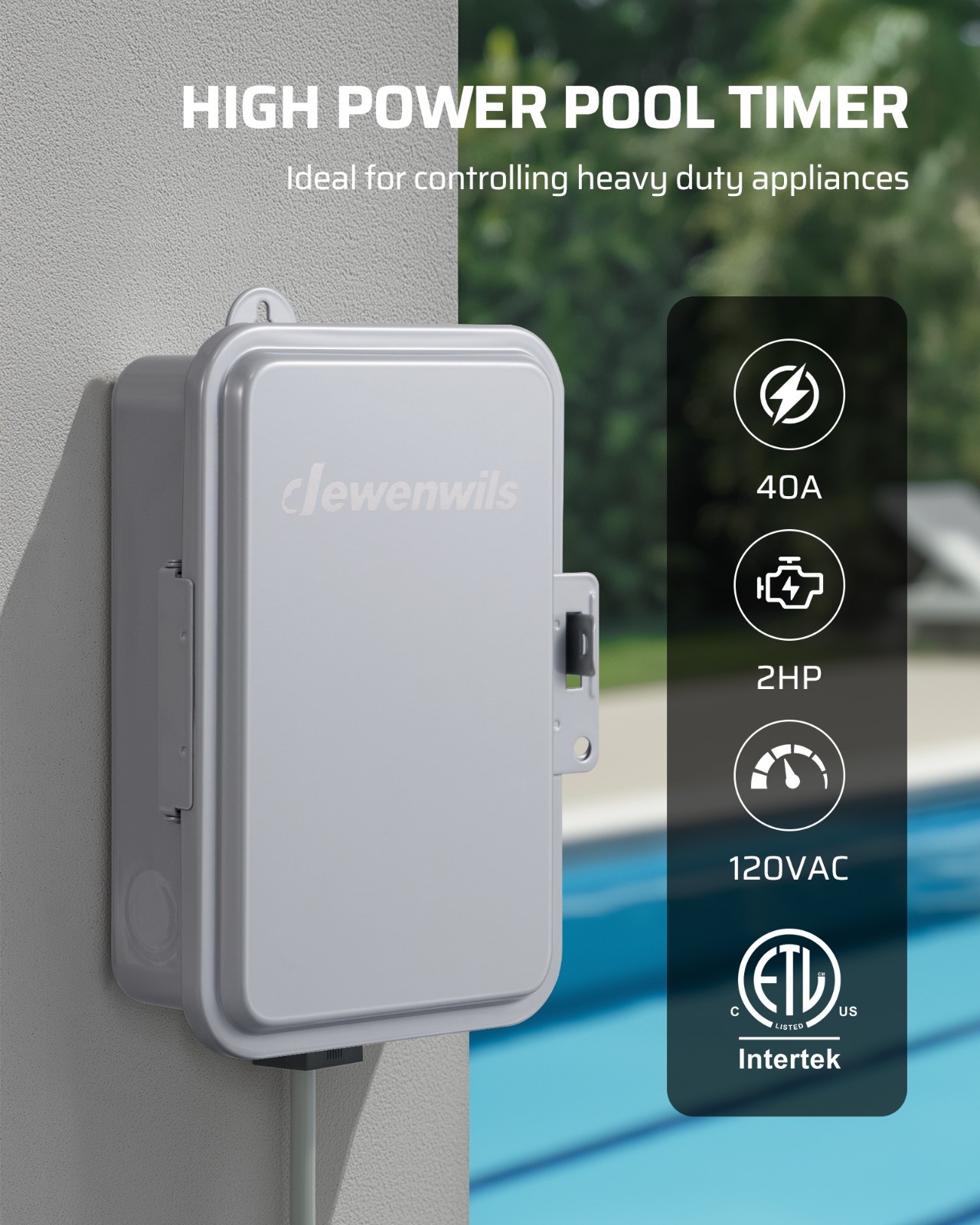 DEWENWILS Heavy Duty Pool Timer, 2HP 40A 120V,24 Hour Programmable ON/Off Switch