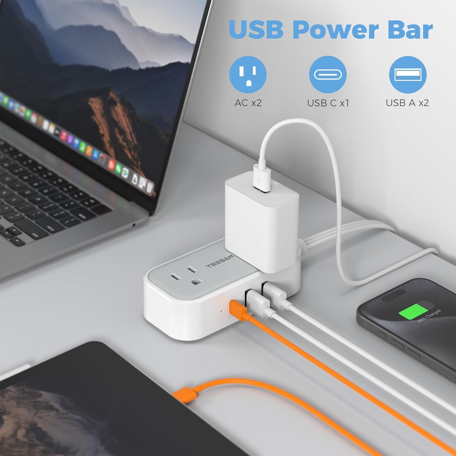 Power Strip Mini Charging Station Outlets 3 USB 5ft Slim Plug for Travel Office