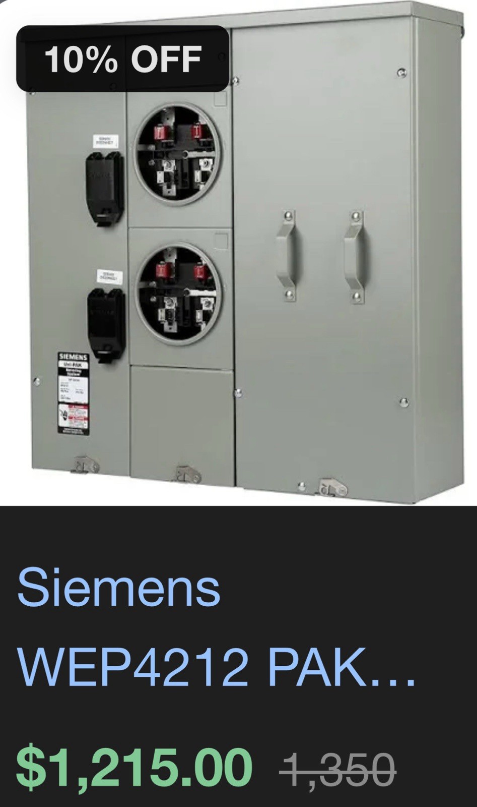 Siemens WEP4212 400A 4-Jaw 225A per Position2-Ring Type Cover EUSERC