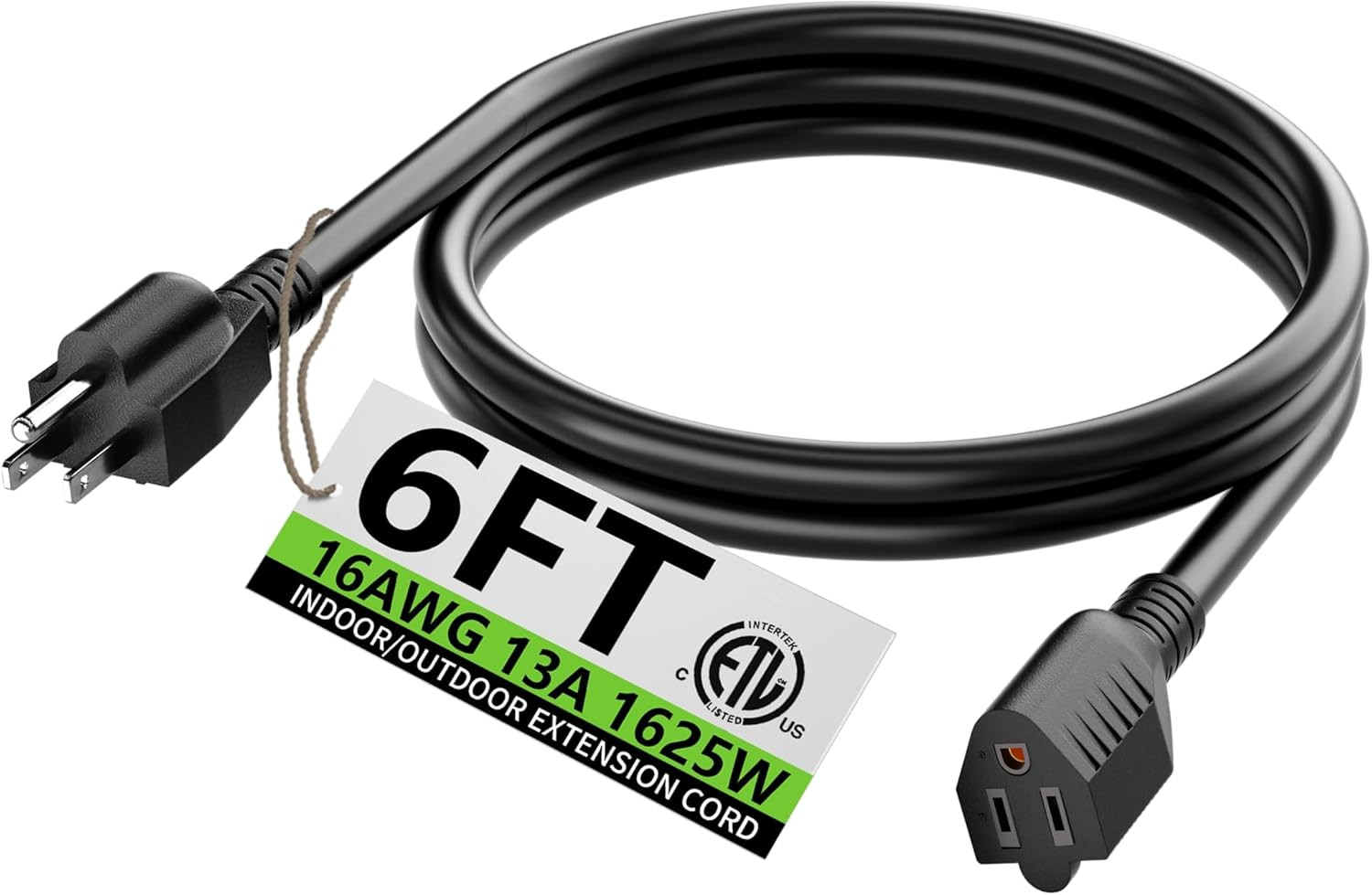 6 FT 16 Gauge Black Indoor Outdoor Extension Cord Waterproof, Flexible Cold Weat
