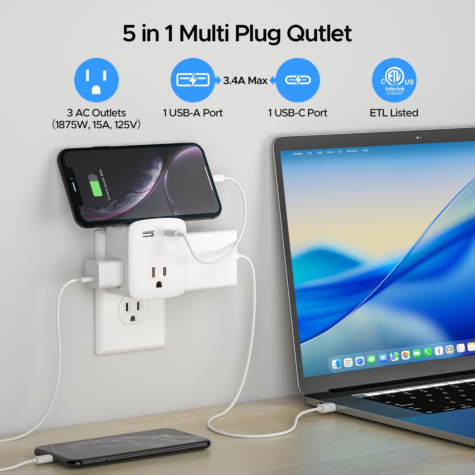 3-Outlet Grounded Wall Plug with USB Extension Adapter,Essential for Cruises