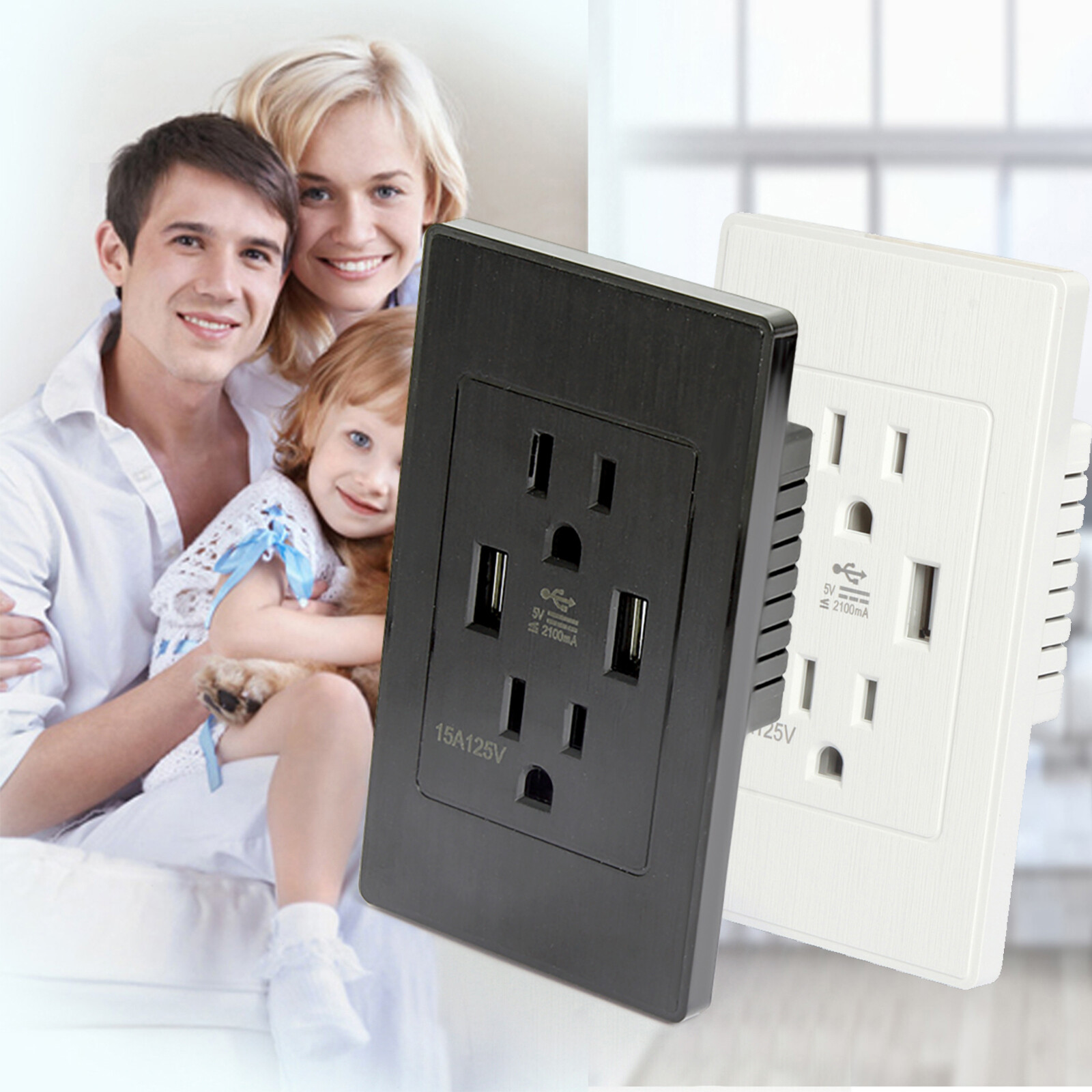 Dual USB Port Wall Socket Charger 15A AC Power Receptacle Outlet Plate Panel Lot