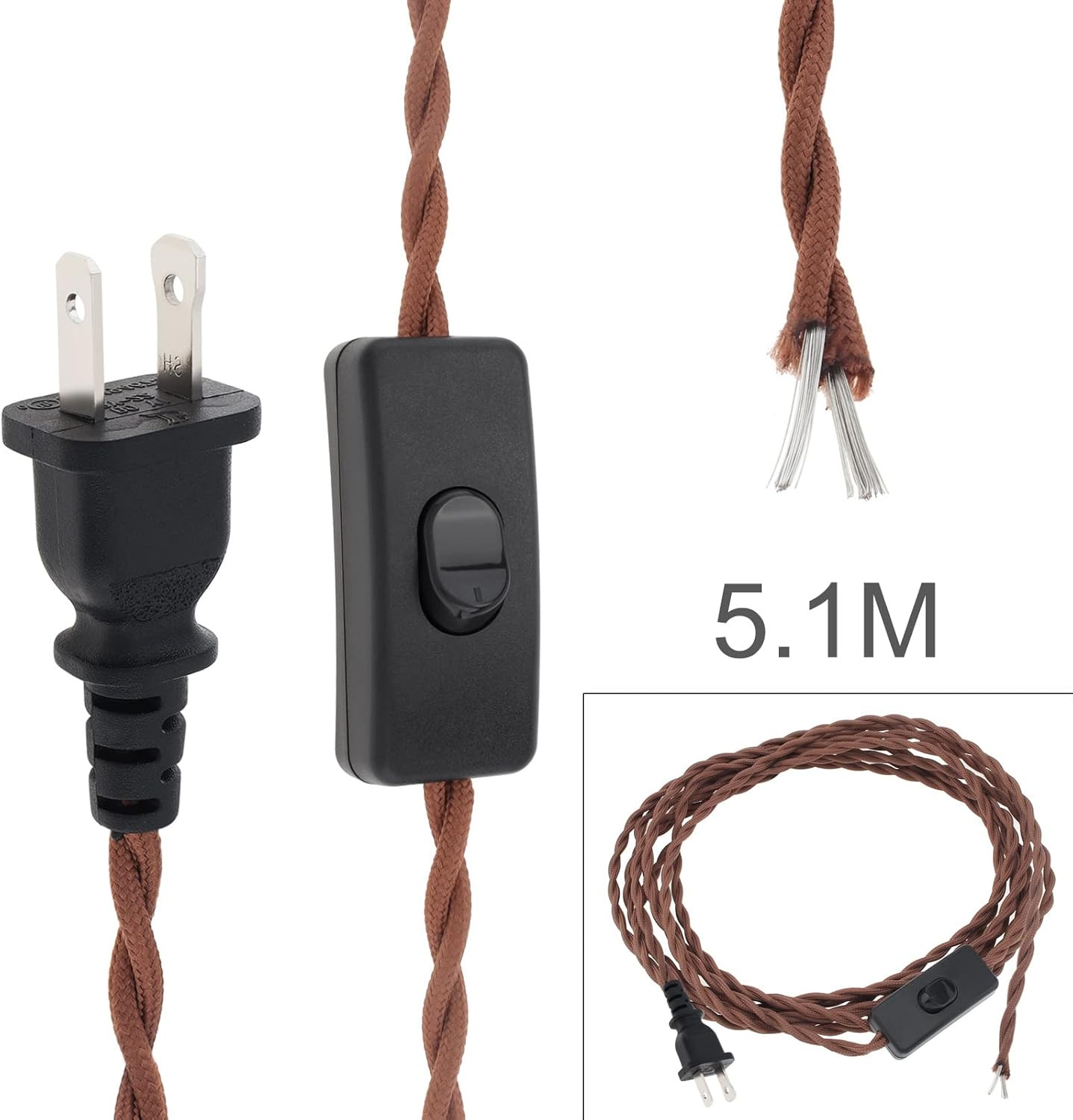 16.4Ft Twisted Cloth Covered Lamp Cord with Switch Button and Molded Plug,18-Gau
