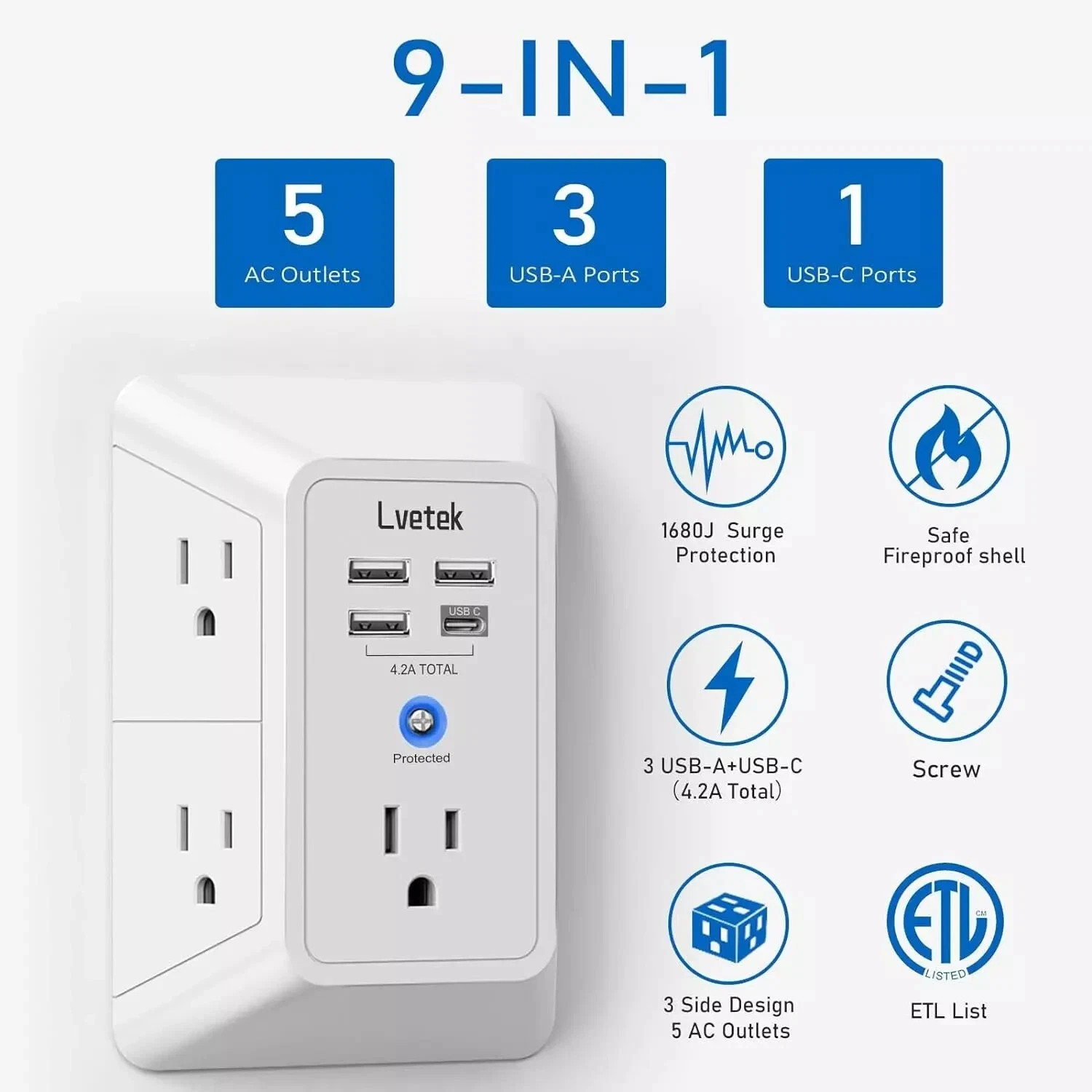 5 Outlet Extender Multi Plug Wall Outlets with 4 USB Charging Ports (1 USB C Out