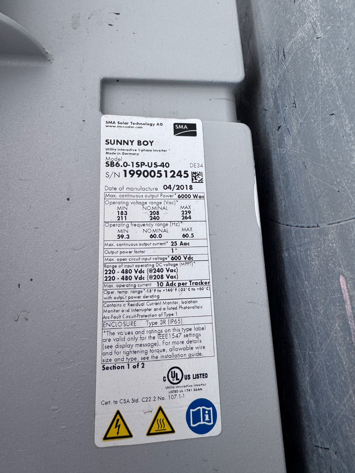 SMA Sunny Boy SB6.0-1 SP-US-40 6000W Grid Tie Inverter