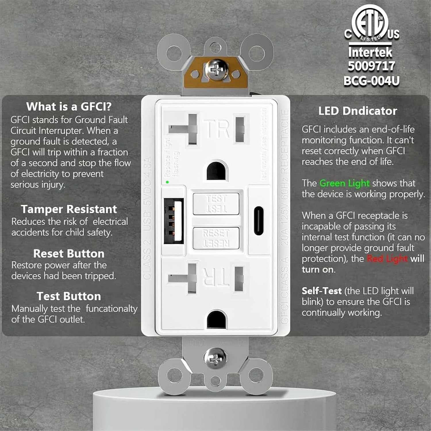 GFCI Outlet 20 Amp, Listed, Charging Power Outlet with USB C & USB A Ports, …