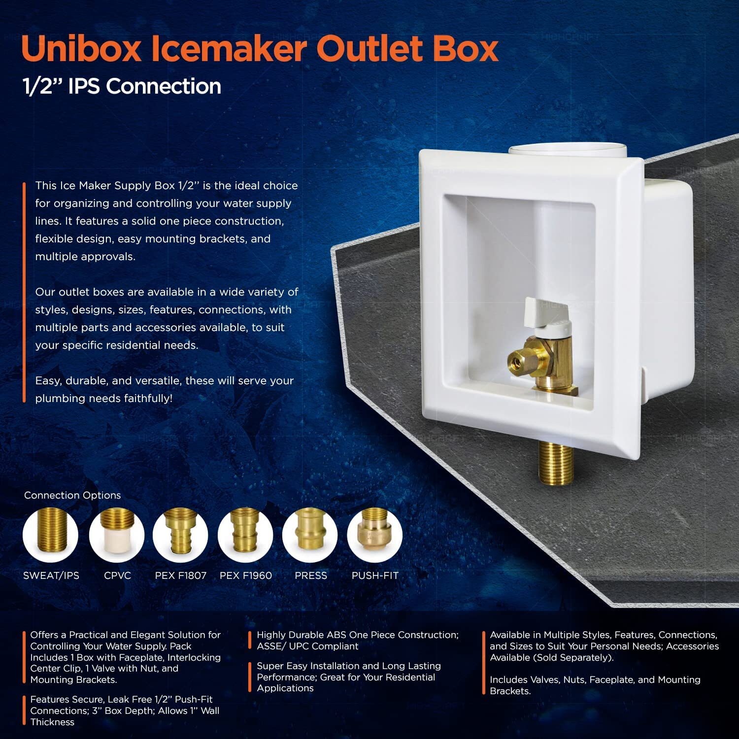 Icemaker Outlet Box with Valves 1/2”in MIP/Sweat Connection White ABS (Single)