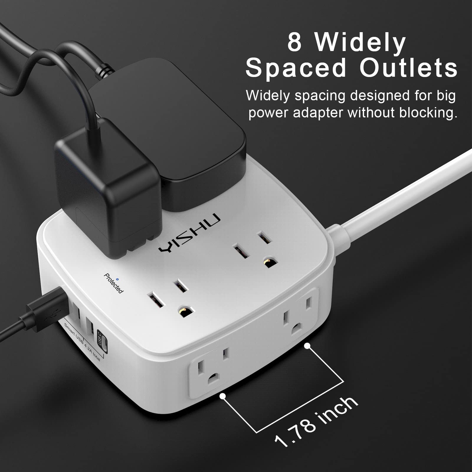 5Ft Surge Protector Power Strip – 8 Widely Outlets with 4 USB 5 Ft, White