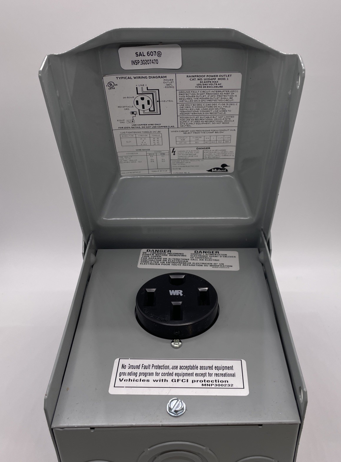 Midwest Outdoor 50A RV Power Outlet Box U054PP Pre Wired 14-50WR Receptacle