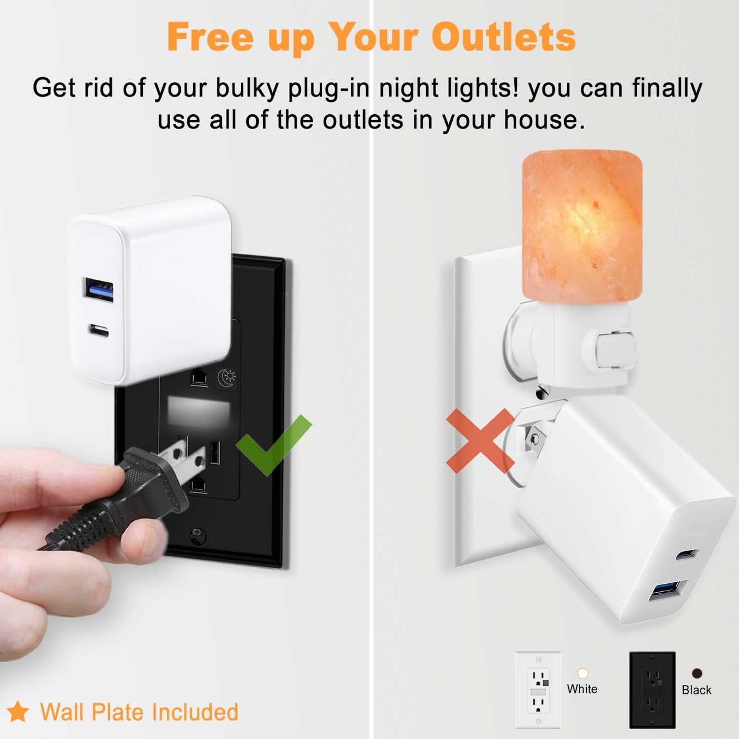 Black Wall Outlet Receptacle with Night Light,Electrical Receptacle Outlets,15A