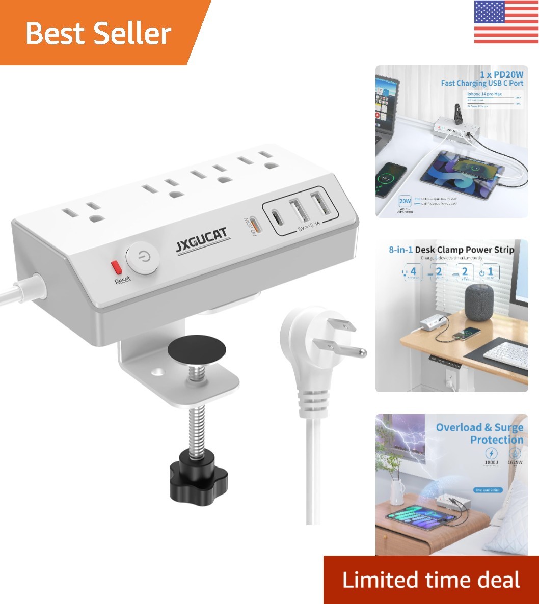 10FT Desk Clamp Power Strip: 4 Outlet & 4 USB Ports with 20W Fast Charging