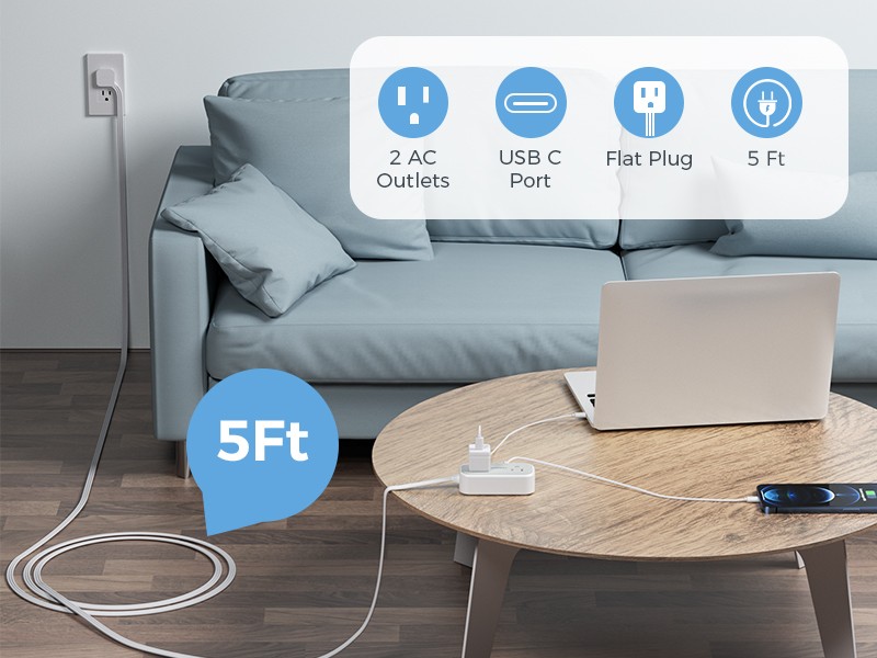 Power Strip Mini Charging Station Outlets 3 USB 5ft Slim Plug for Travel Office