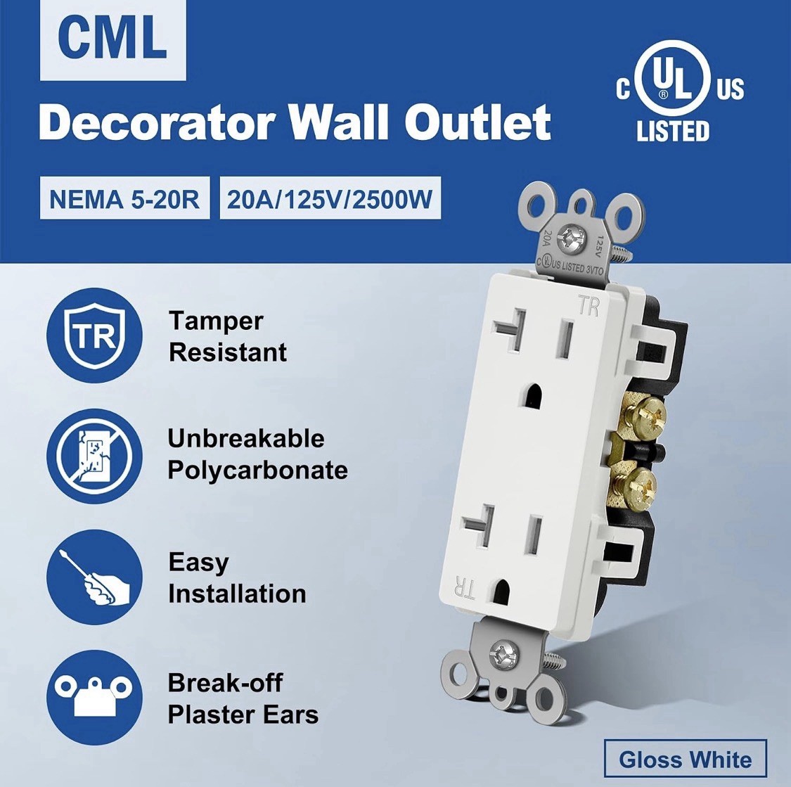 CML 20 Amp Decorator Receptacle Outlet with Tamper Resistant (TR), Standard E…
