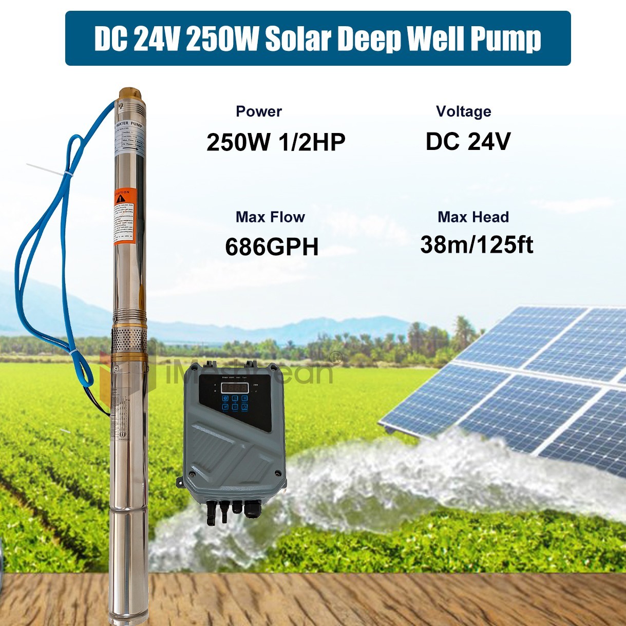 DC 24V 3” Solar Deep Well Pump Water Pump 2300L/h Stainless Steel Submersible
