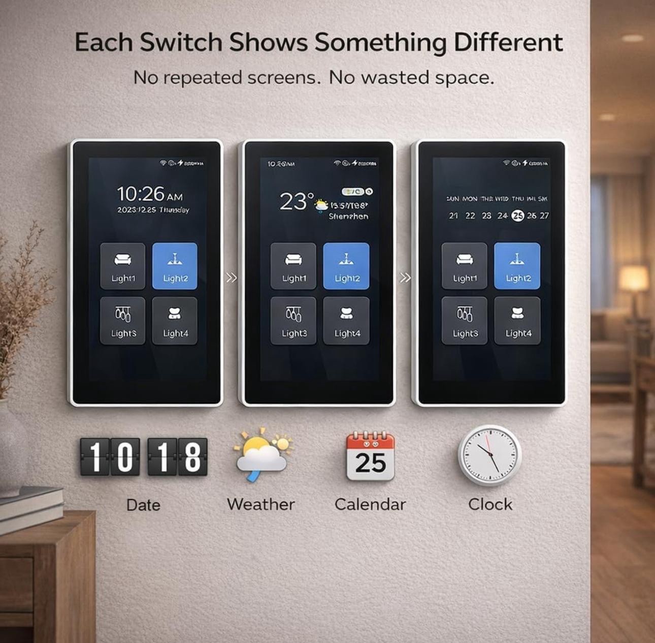 L10 Large LCD Smart Light Switch, Custom Display & Icons, 6-in-1 1/2/3/4 Gang &