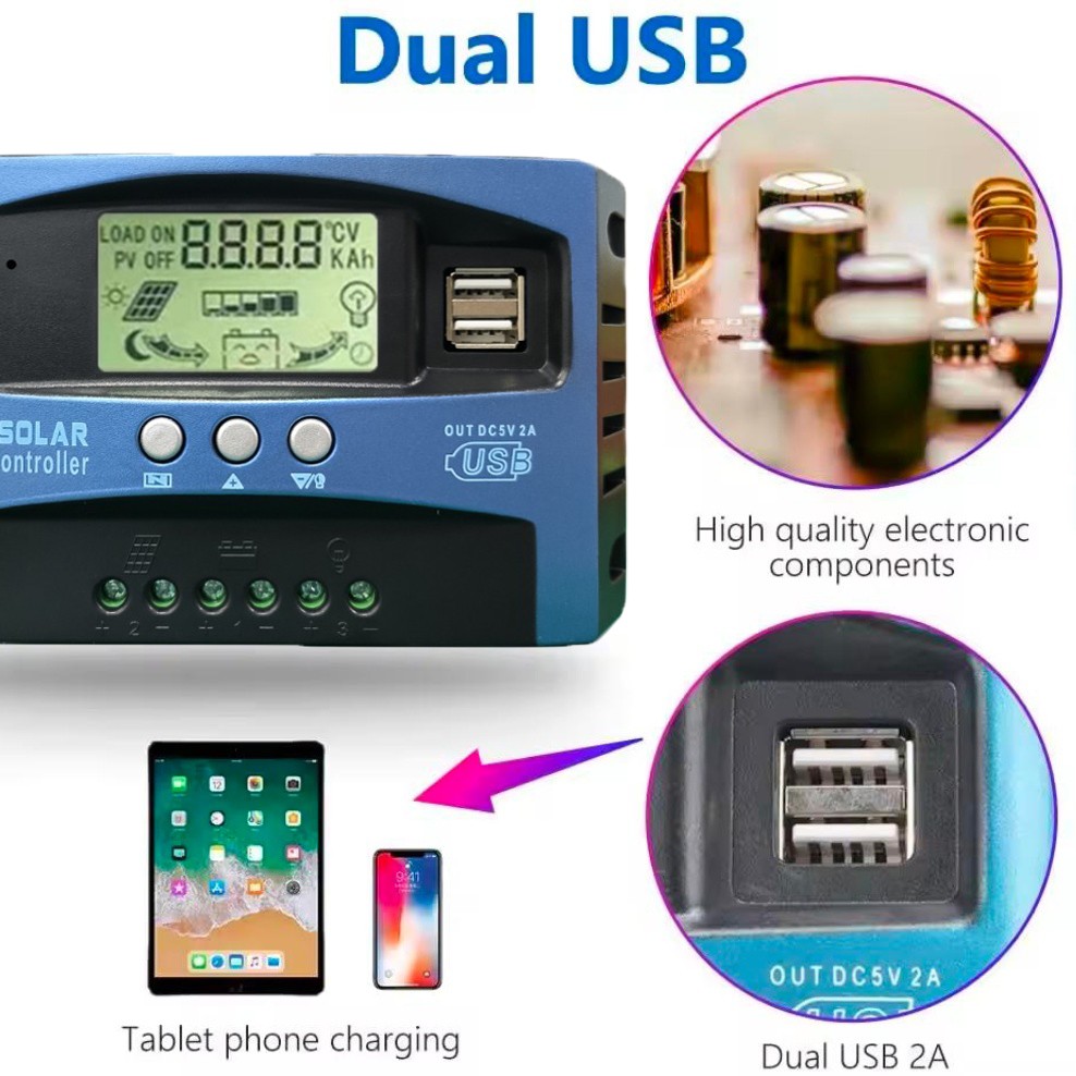 Solar Charge Controller MPPT 100A LCD Display 12V 24V Dual USB Solar Controller