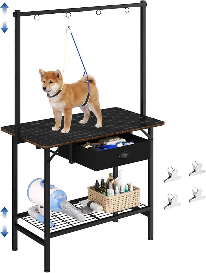 32 Inch Adjustable Dog Grooming Table with Drawer & Non-slip Removable Mat