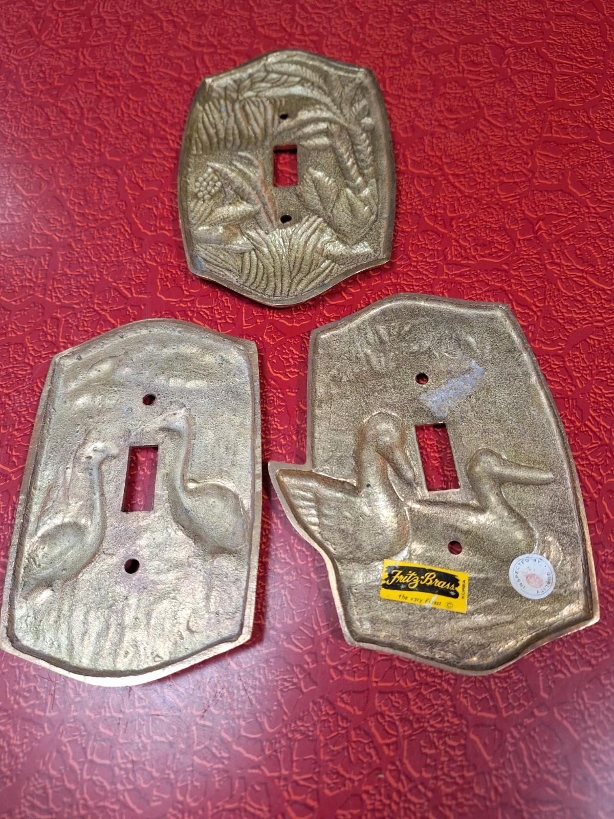Lot of 3 True Vintage 1980s Solid Brass Switch Plate Covers Ducks Herons Palms