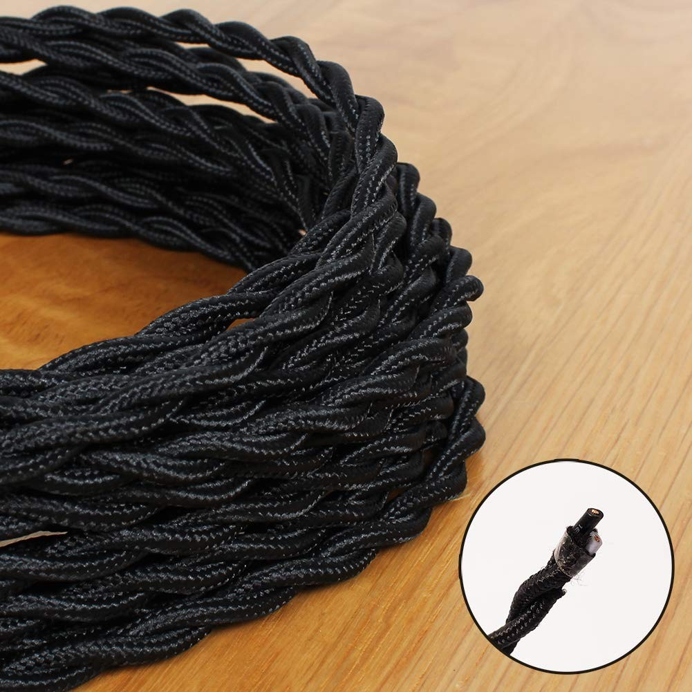 25ft Fabric Cloth Covered Lamp Twisted Wire,PRUNLLA Vintage 18/2 25ft, Black