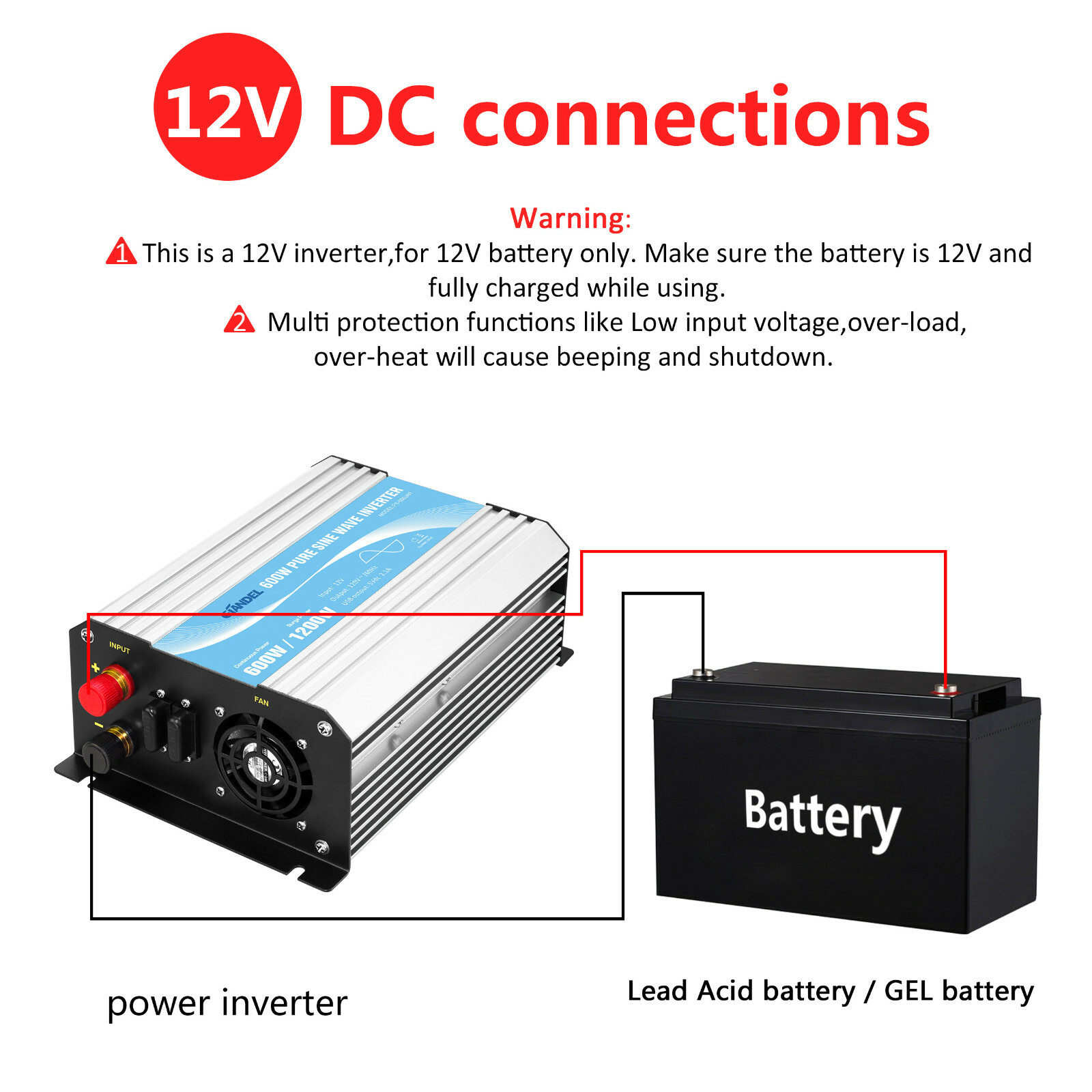 Power Inverter Pure Sine Wave 600W 12V to 110V-120V USA Transistor 4.5m Remote