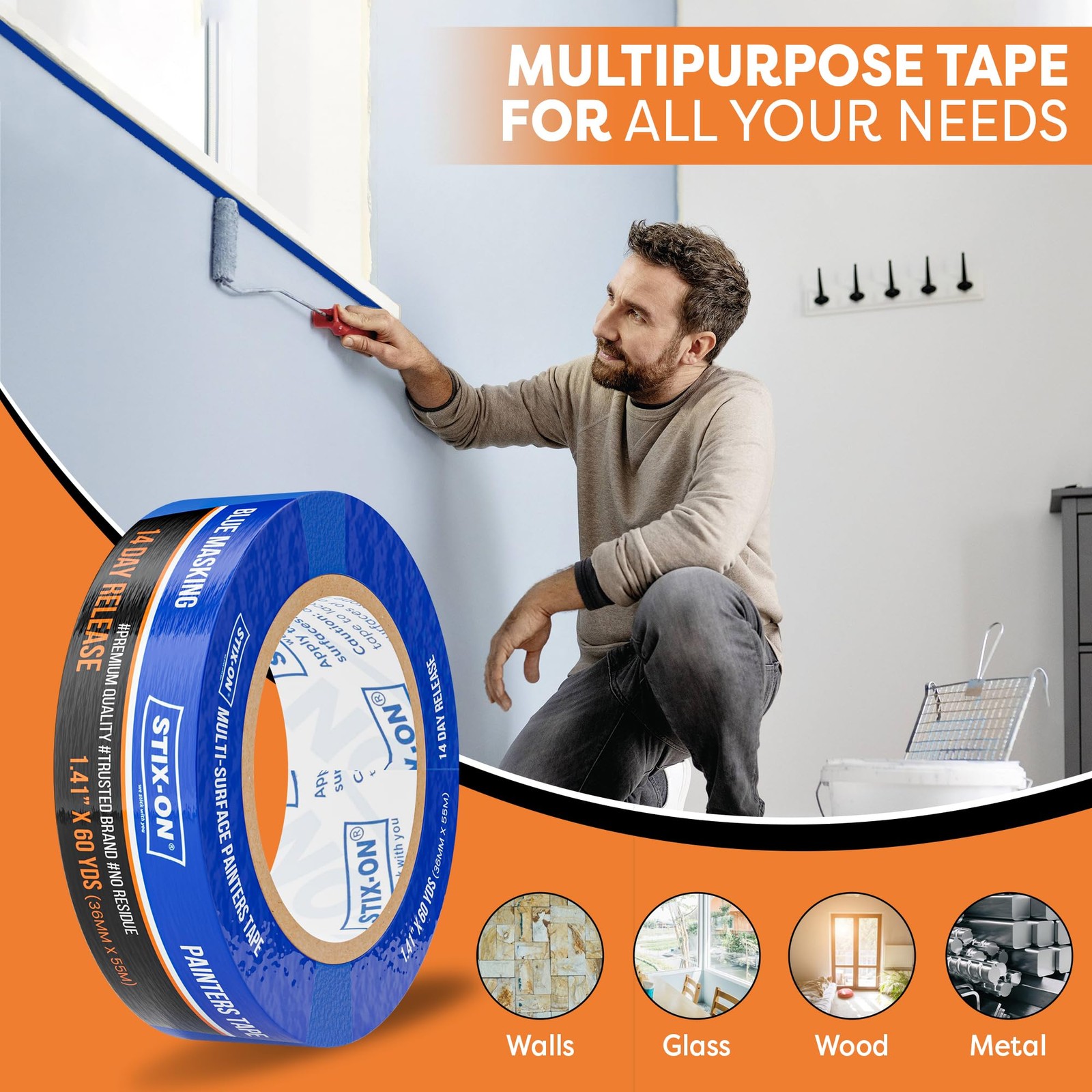 Stix-On Painters Tape 1.5 Inch Wide 24 Roll Painting Tape Blue Masking Tape