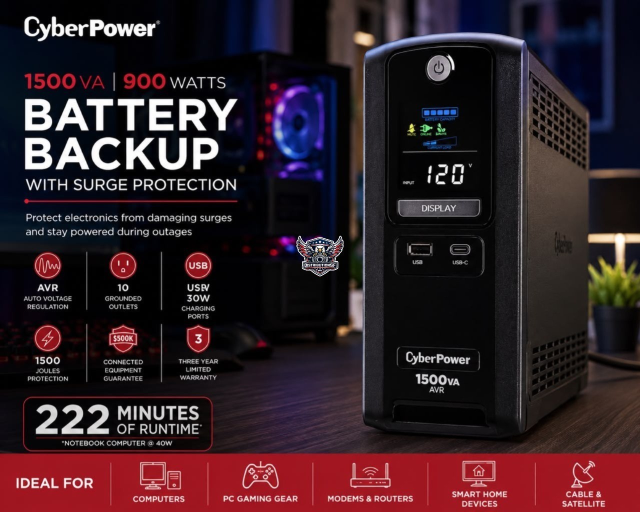 CyberPower CST150UC2 1500VA 900W UPS Battery Backup Surge Protector AVR LCD USB-