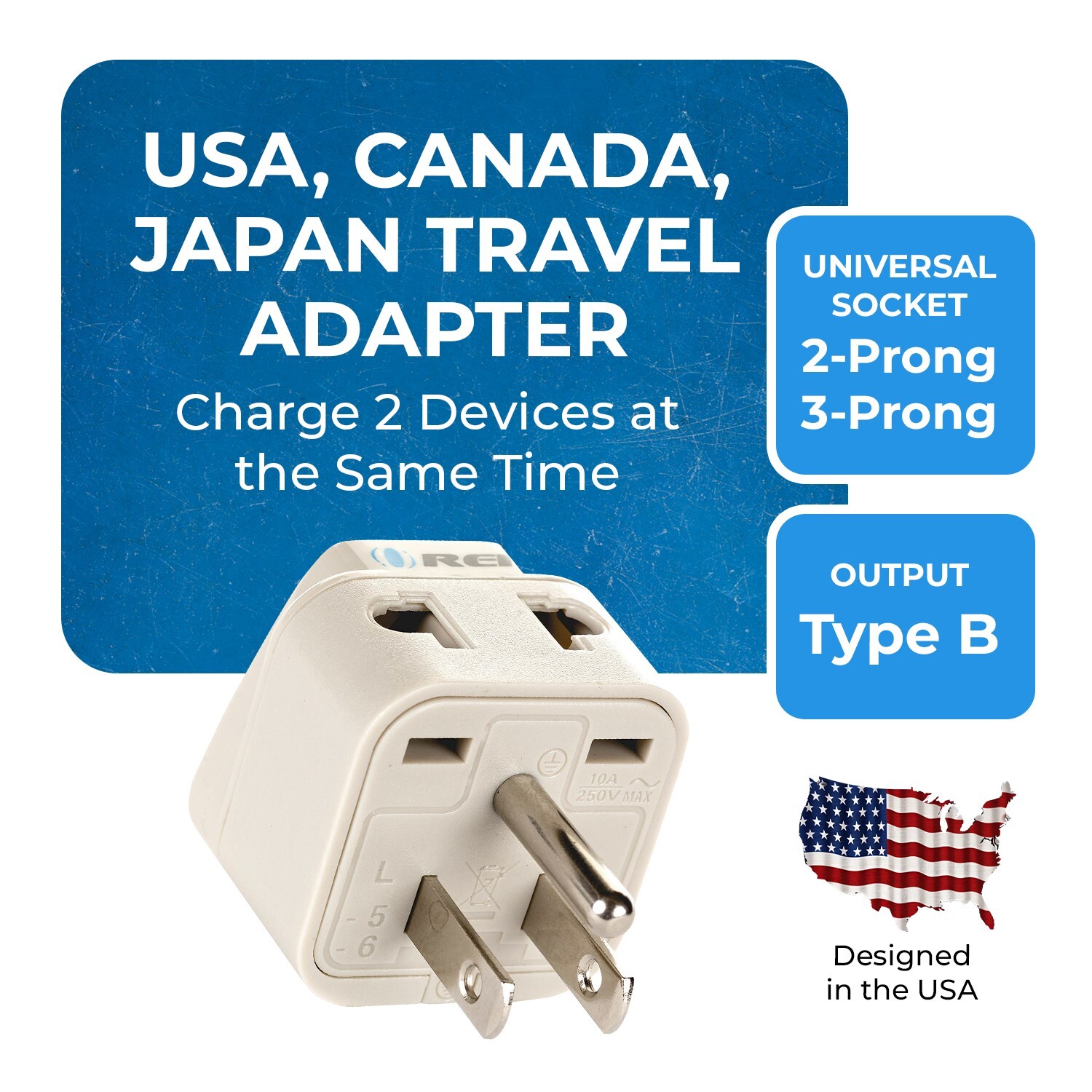 OREI 2 in 1 USA Travel Adapter Plug – UK/EU to US Type B -Grounded Universal