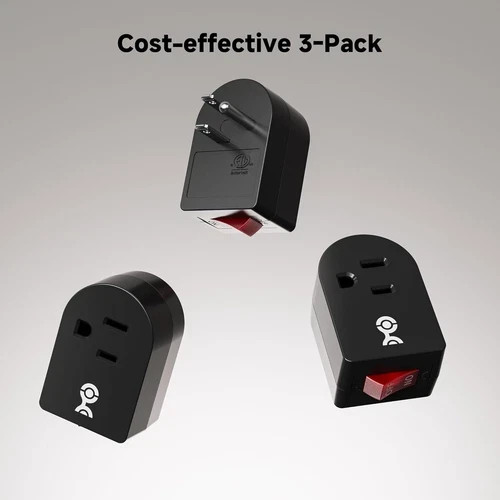 3 Pack Grounded Outlet With ON Off Switch Single Plug In Power Button Black NEW