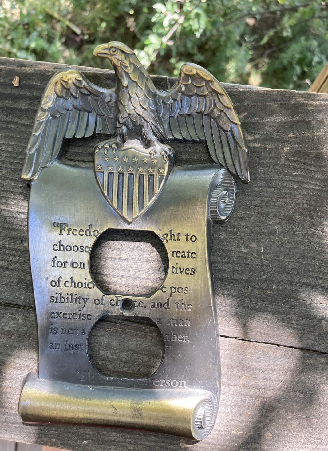 Vintage 1967 M.C. Co Eagle Duplex Outlet Cover Thomas Jefferson Quote GIM 3077