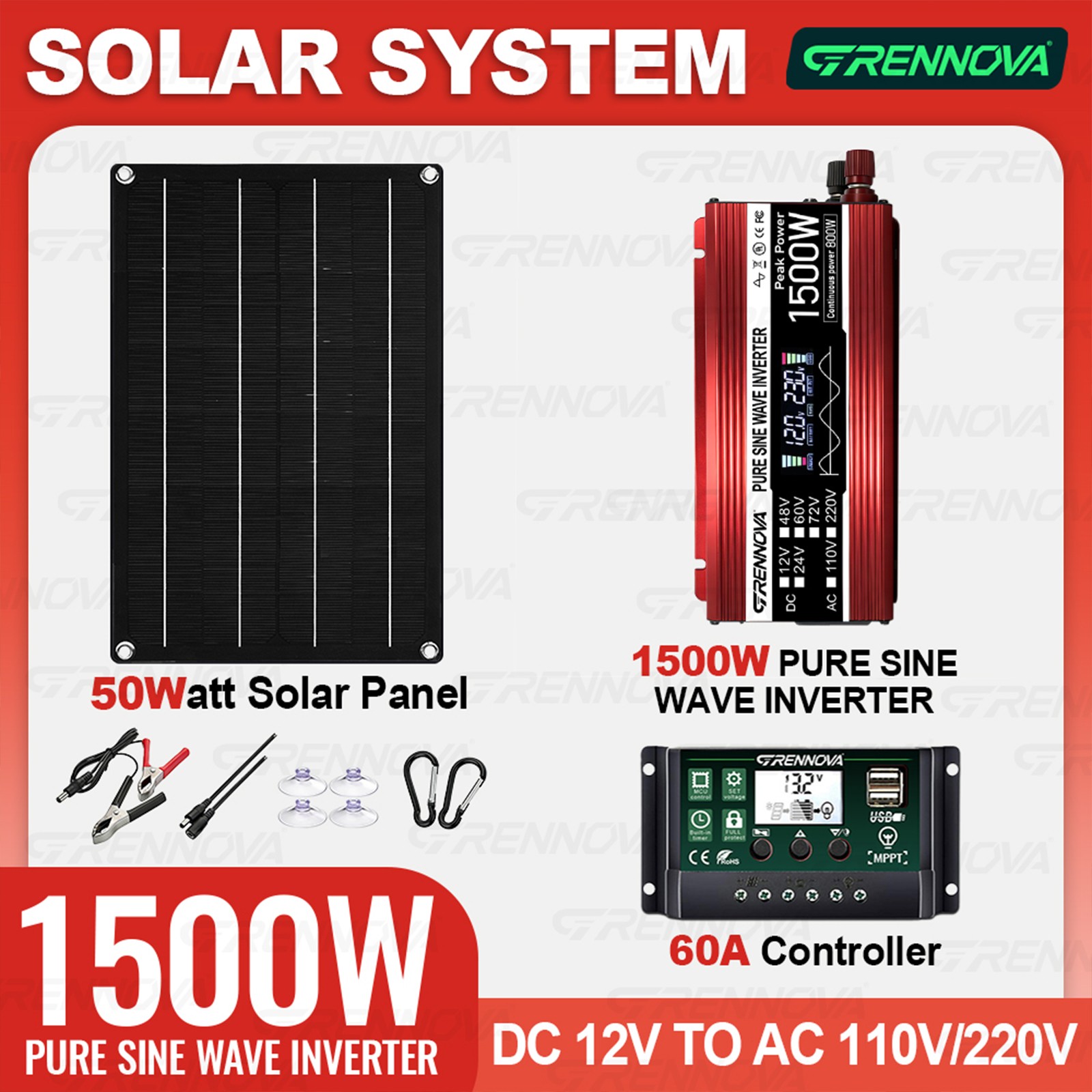 Grennova 1500W Pure Sine Solar System 60A MPPT Dual Voltage Inverter RV Van Farm