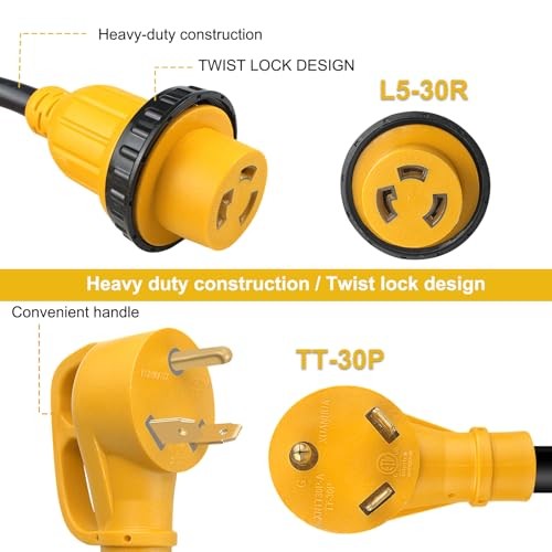 RV Adapter Cord with Locking Connector, 30Amp to 30Amp & ETL Listed, NEMA TT