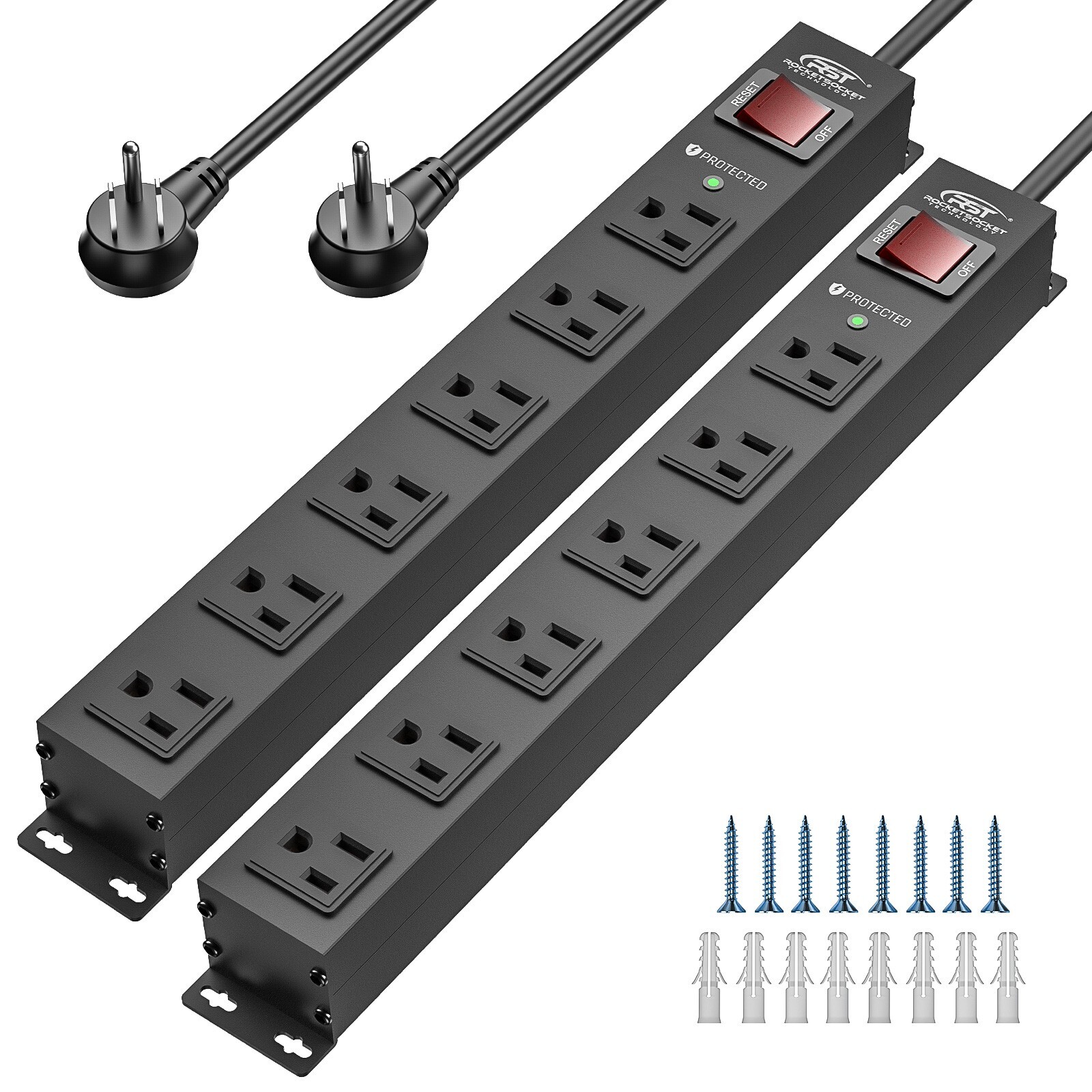 2 Pack 6 Outlet Metal Heavy Duty Power Strip With Switch，ETL Certifed Power Cord
