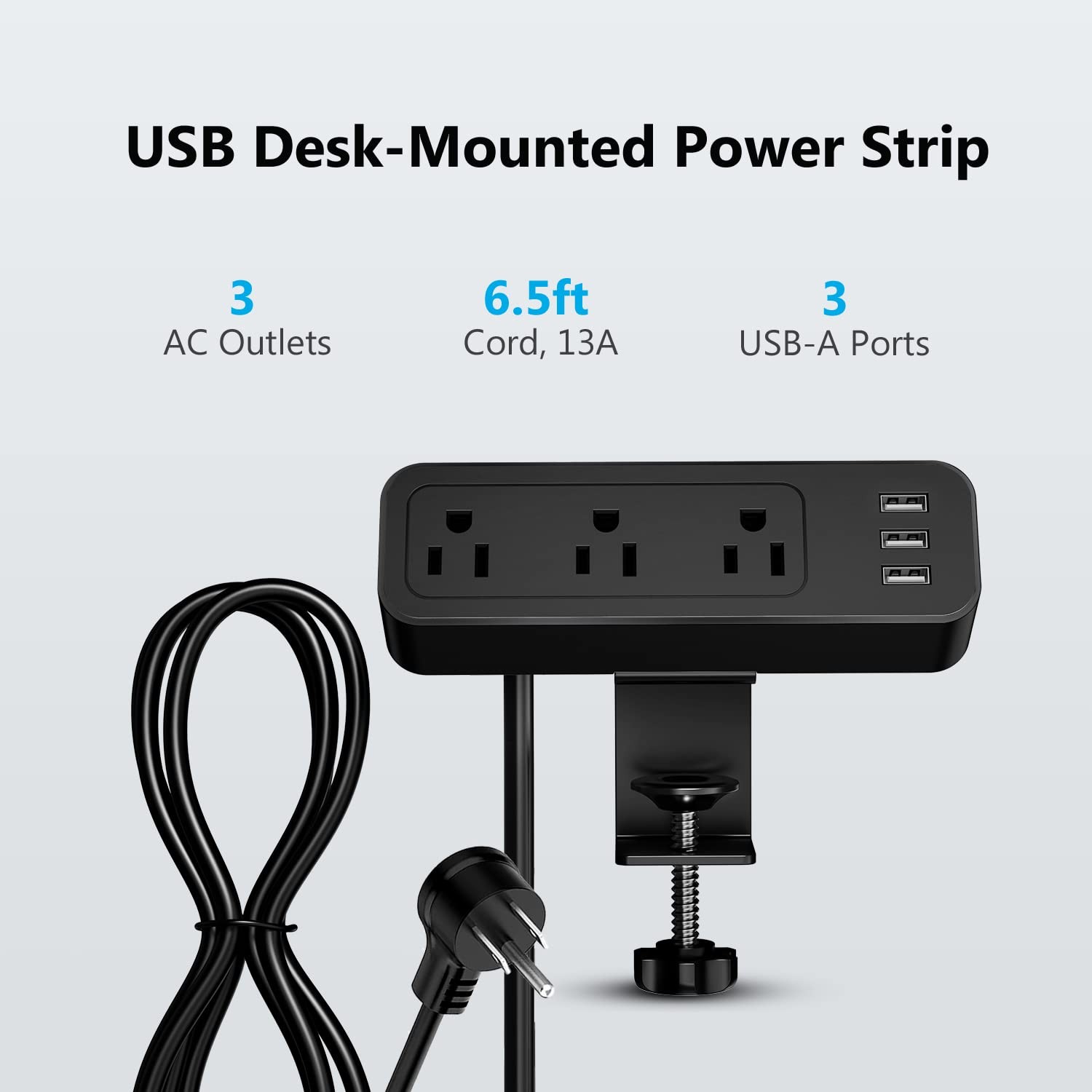 Desk Power Strip JSVER Clamp Strip, Mount USB Charging Black